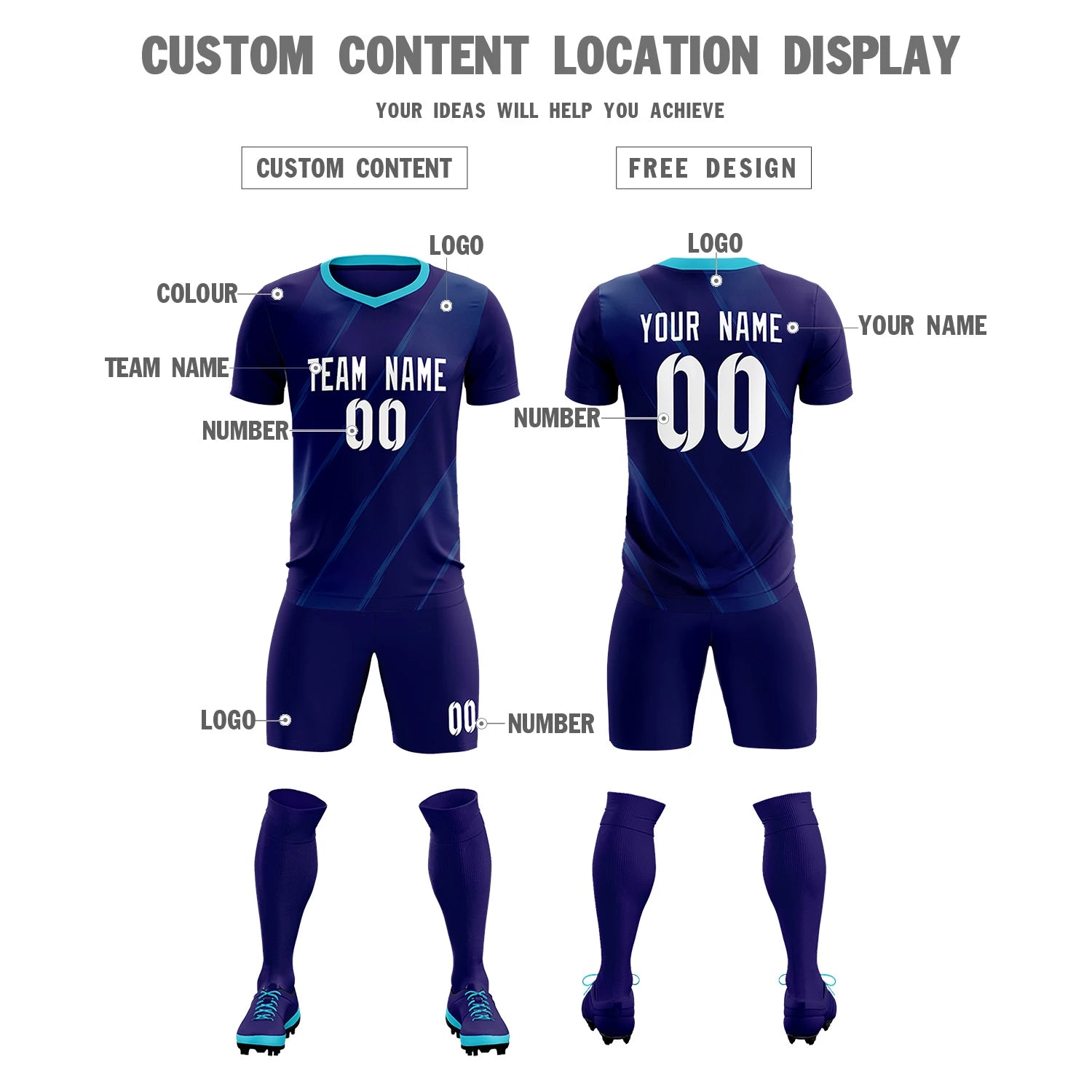 Custom Purple Sky Blue Printing Sportswear Soccer Sets Jersey