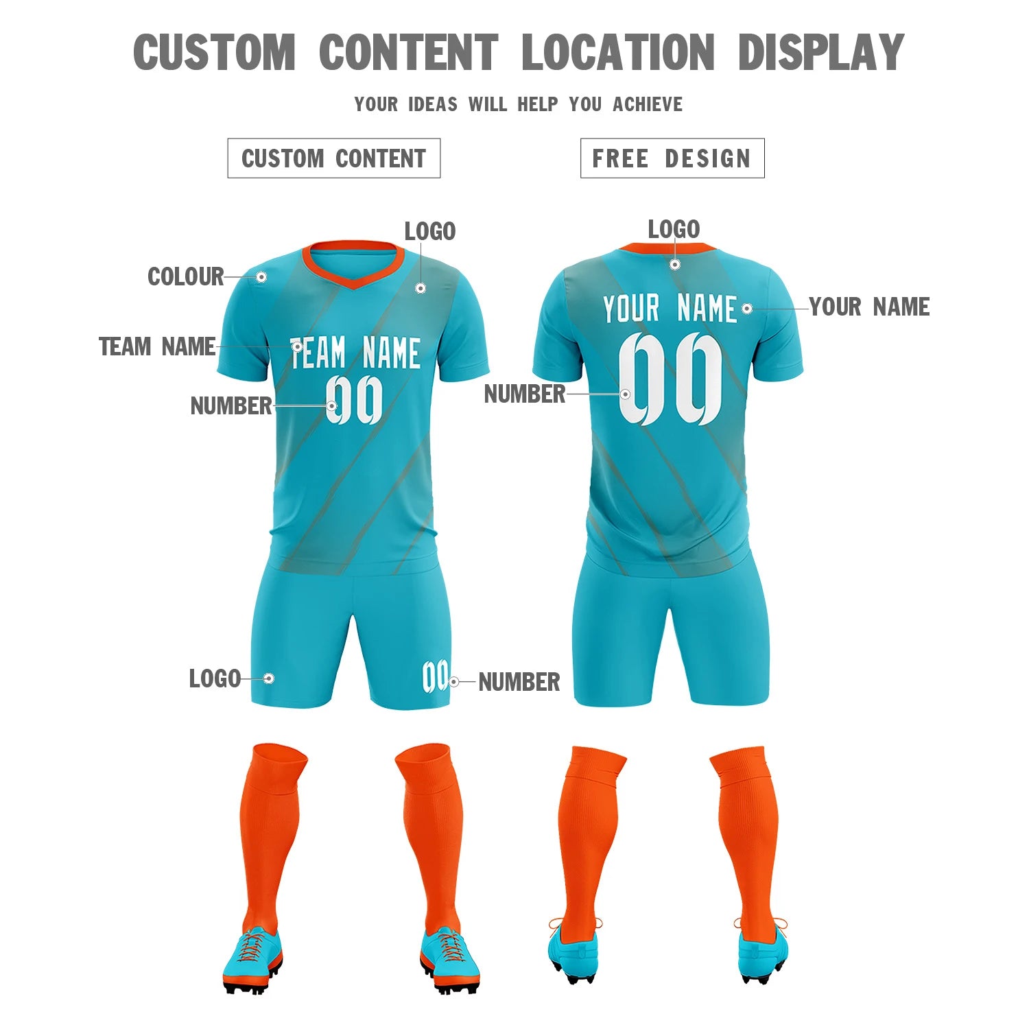 Custom Aqua Orange Printing Sportswear Soccer Sets Jersey