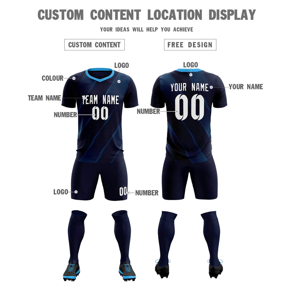 Custom Navy Powder Blue Printing Sportswear Soccer Sets Jersey