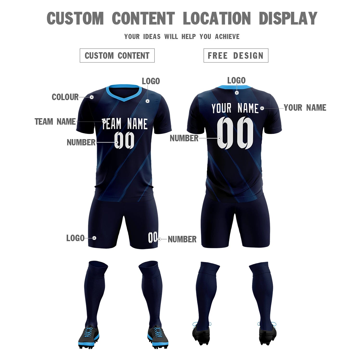 Custom Navy Powder Blue Printing Sportswear Soccer Sets Jersey