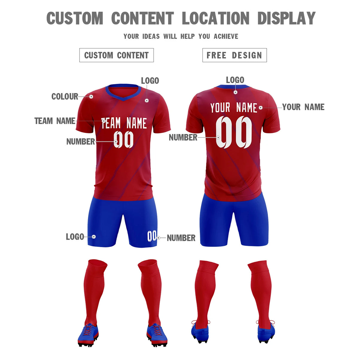 Custom Red Royal Blue Printing Sportswear Soccer Sets Jersey