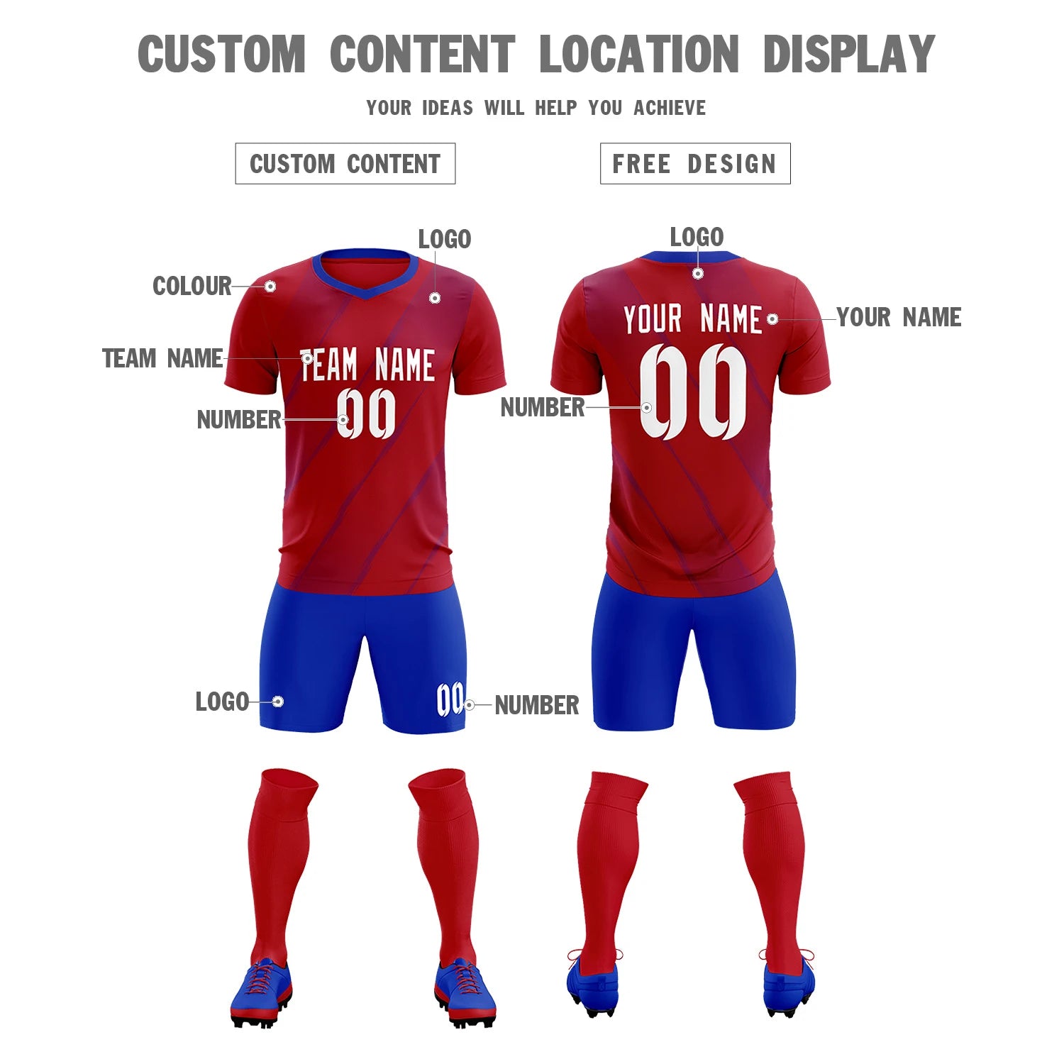 Custom Red Royal Blue Printing Sportswear Soccer Sets Jersey
