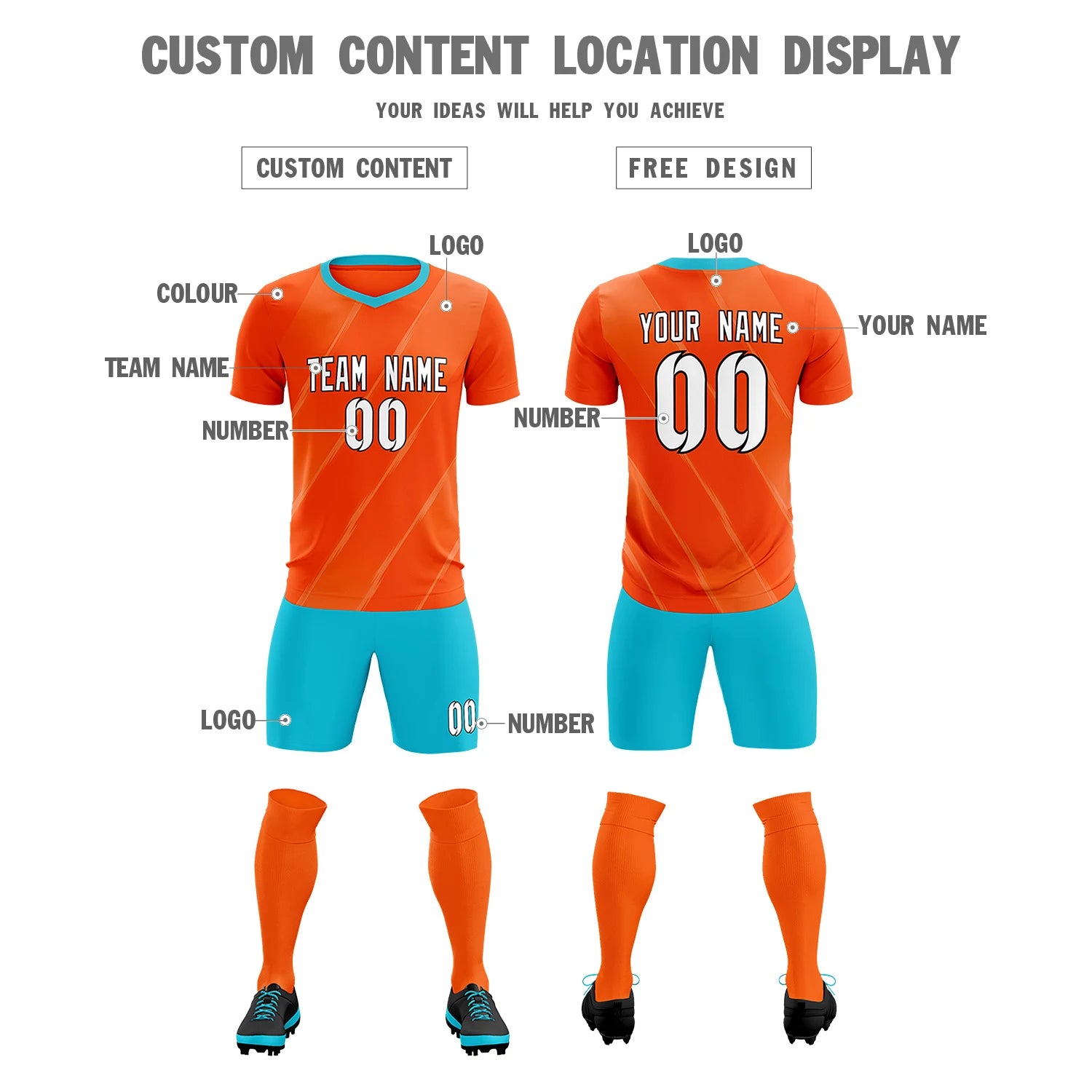 Custom Orange Sky Blue Printing Sportswear Soccer Sets Jersey