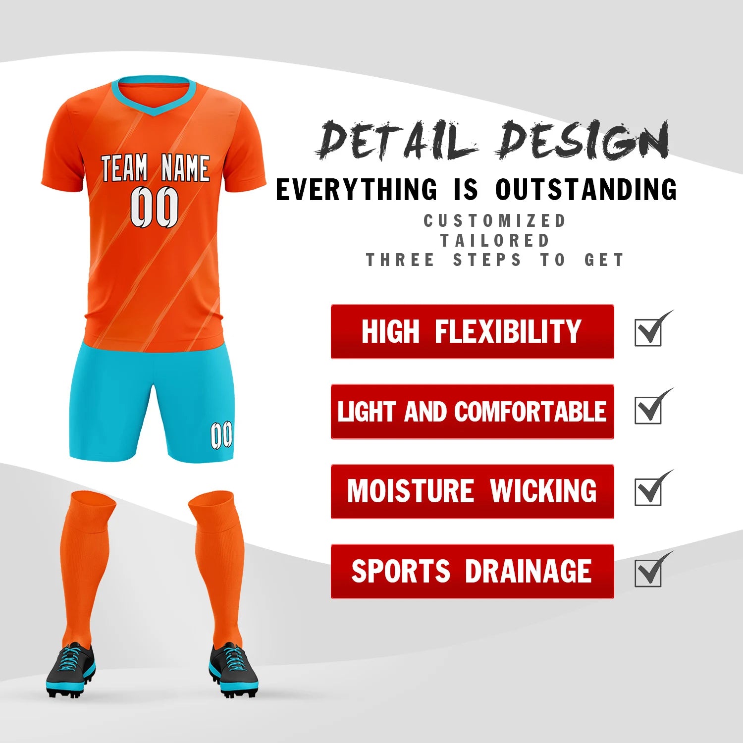 Custom Orange Sky Blue Printing Sportswear Soccer Sets Jersey