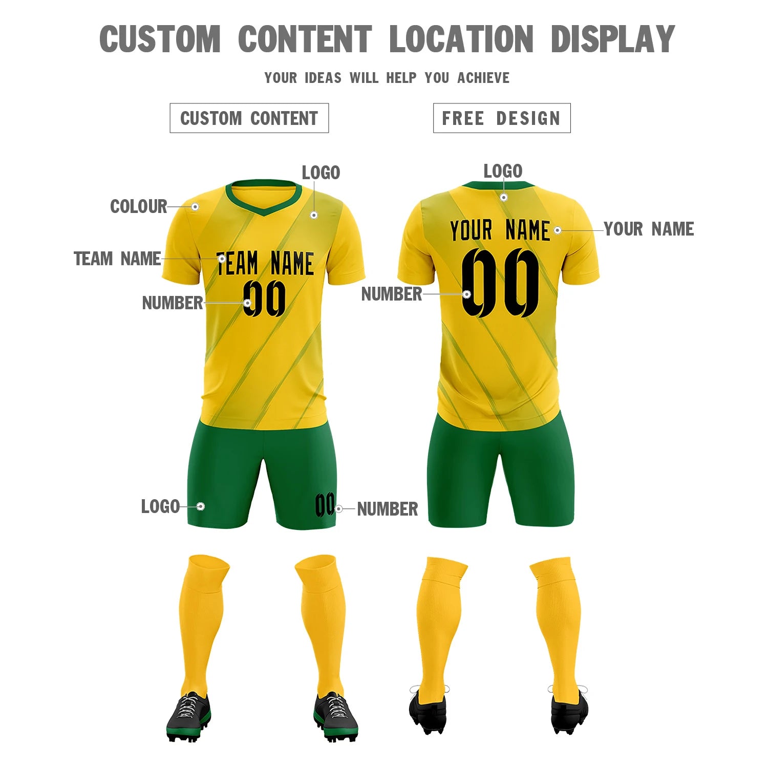 Custom Gold01 Kelly Green Printing Sportswear Soccer Sets Jersey