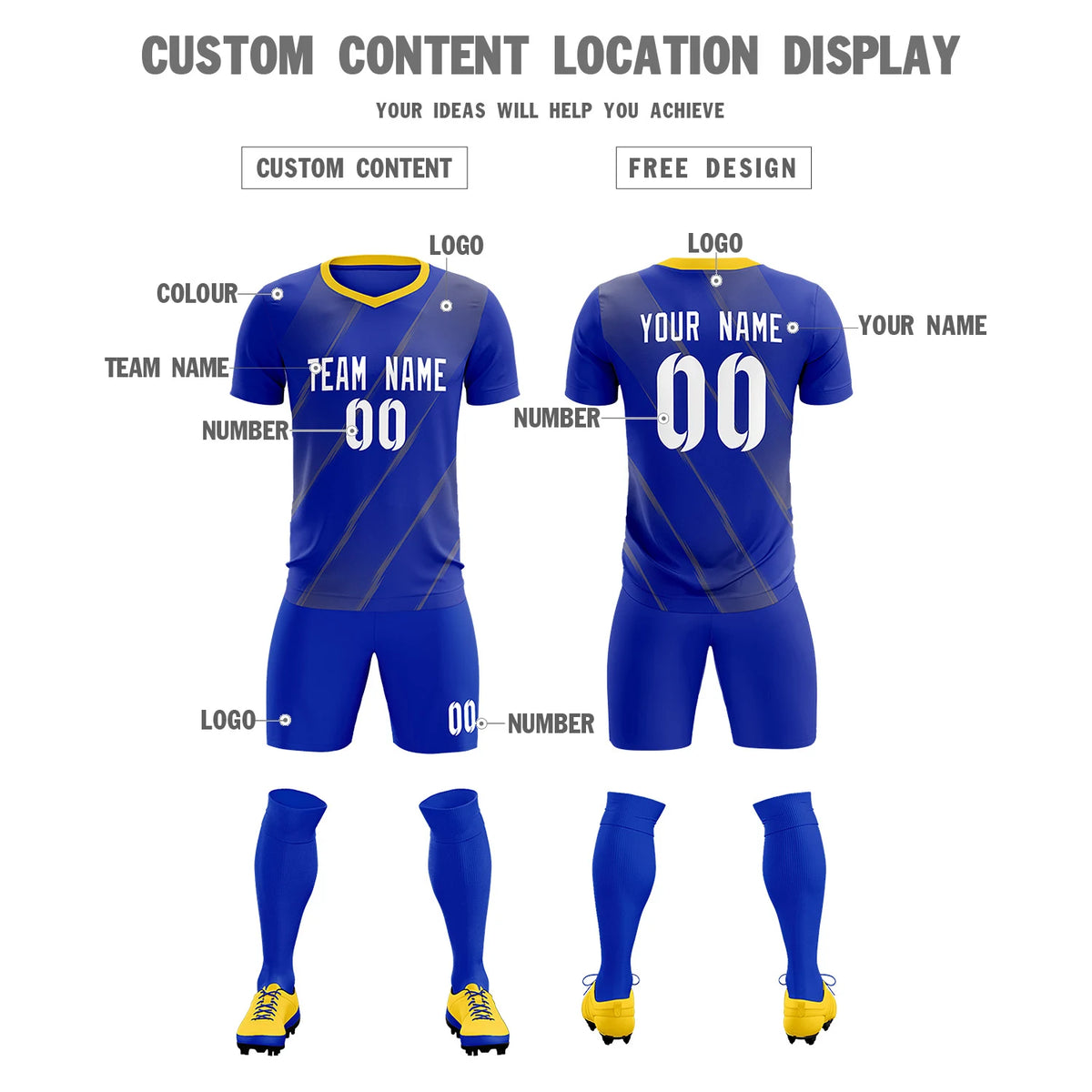 Custom Royal Blue Gold01 Printing Sportswear Soccer Sets Jersey
