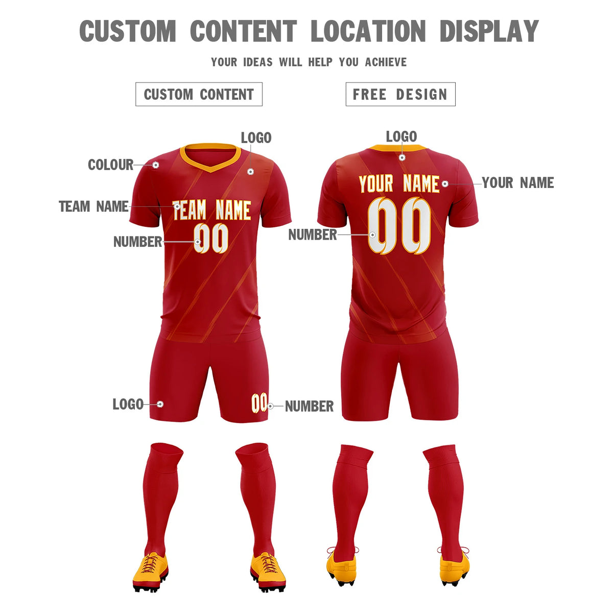 Custom Red Gold01 Printing Sportswear Soccer Sets Jersey