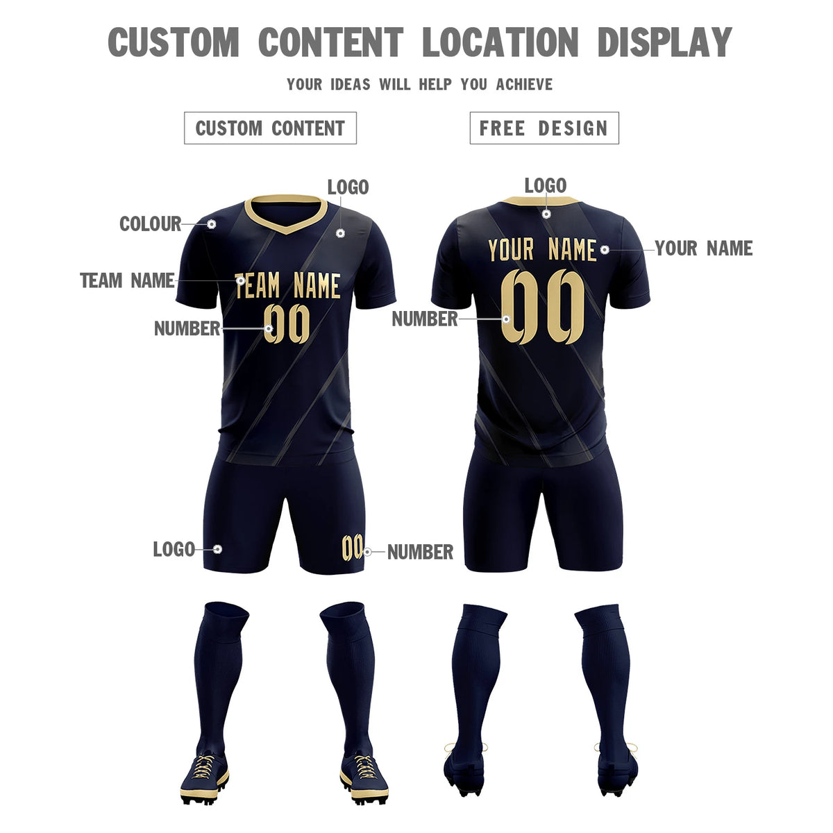 Custom Navy Khaki Printing Sportswear Soccer Sets Jersey