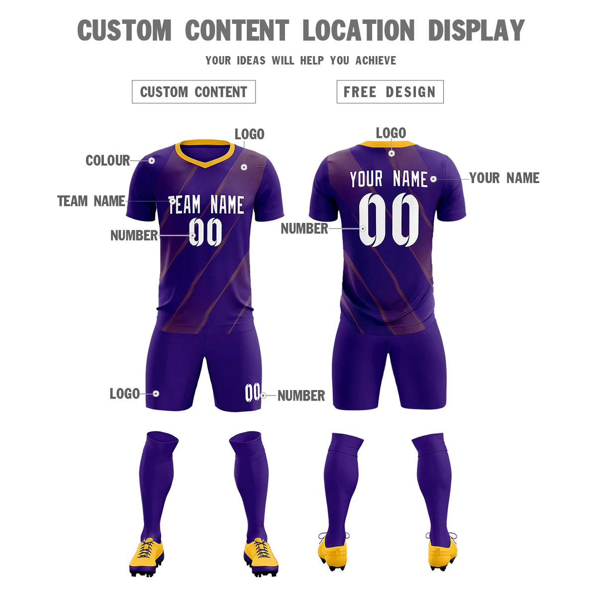 Custom Purple Yellow Printing Sportswear Soccer Sets Jersey