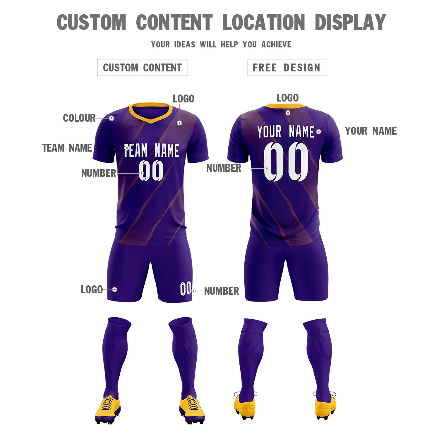 Custom Purple Yellow Printing Sportswear Soccer Sets Jersey