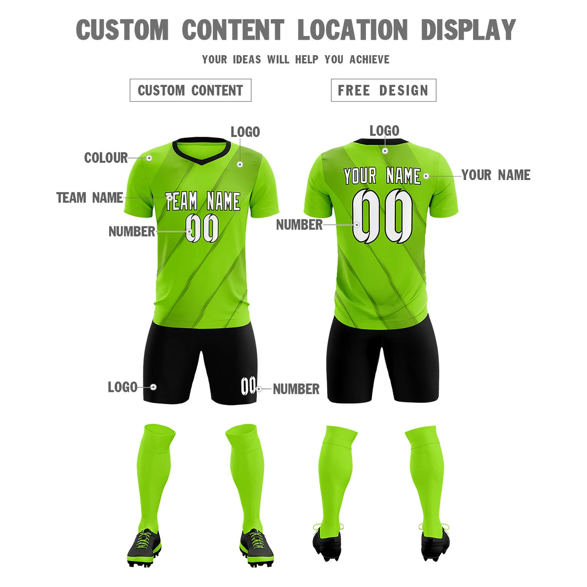 Custom Neon Green Black Printing Sportswear Soccer Sets Jersey