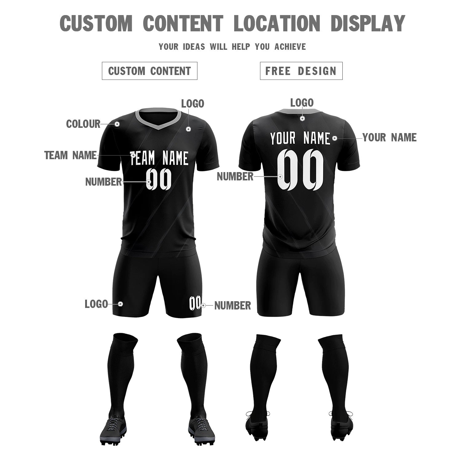 Custom Black Gray Printing Sportswear Soccer Sets Jersey