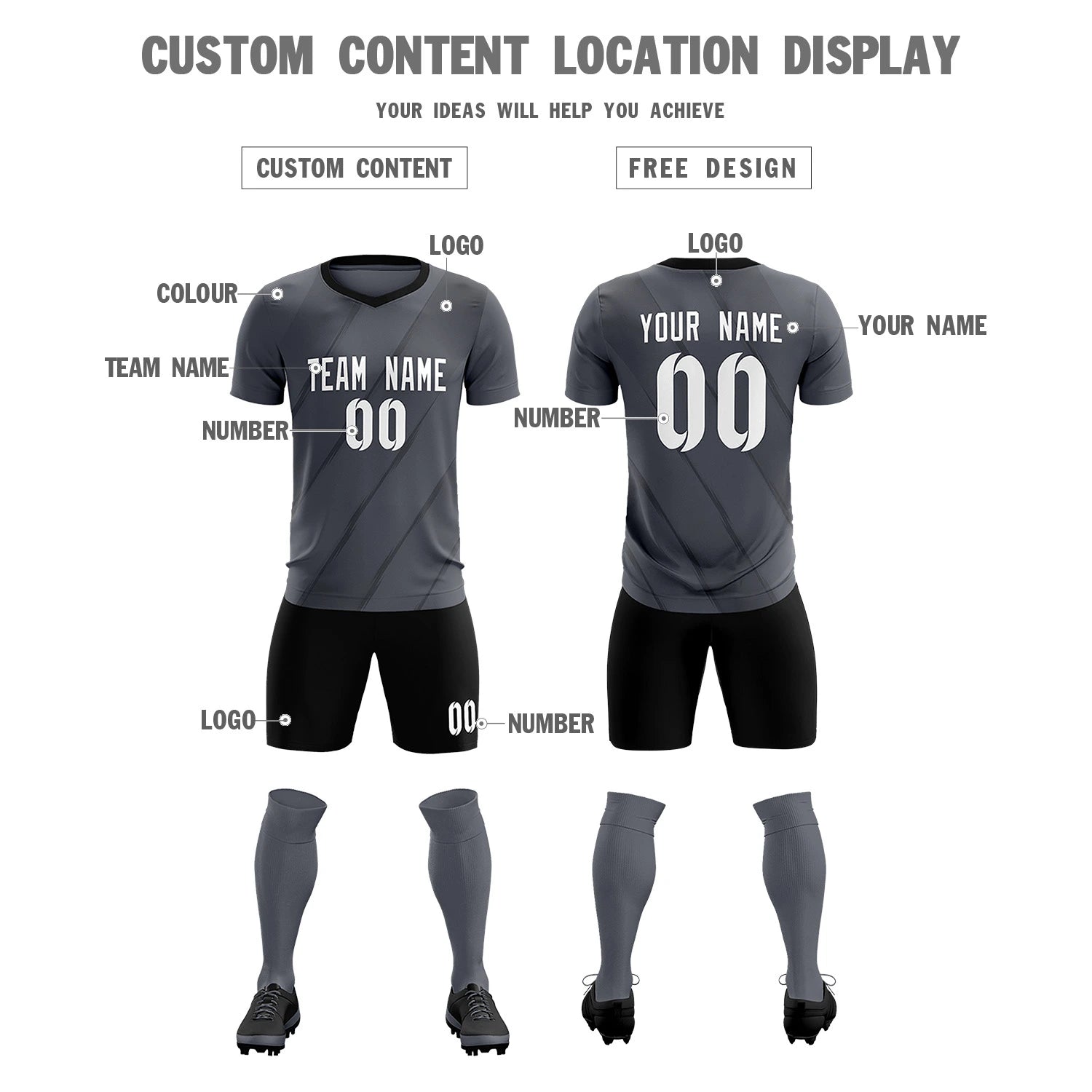 Custom Dark Gray Black Printing Sportswear Soccer Sets Jersey