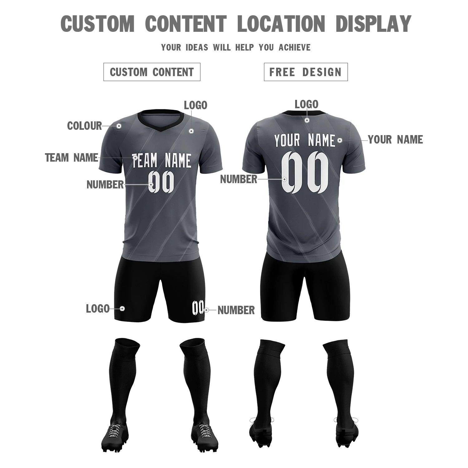 Custom Dark Gray Gray Printing Sportswear Soccer Sets Jersey