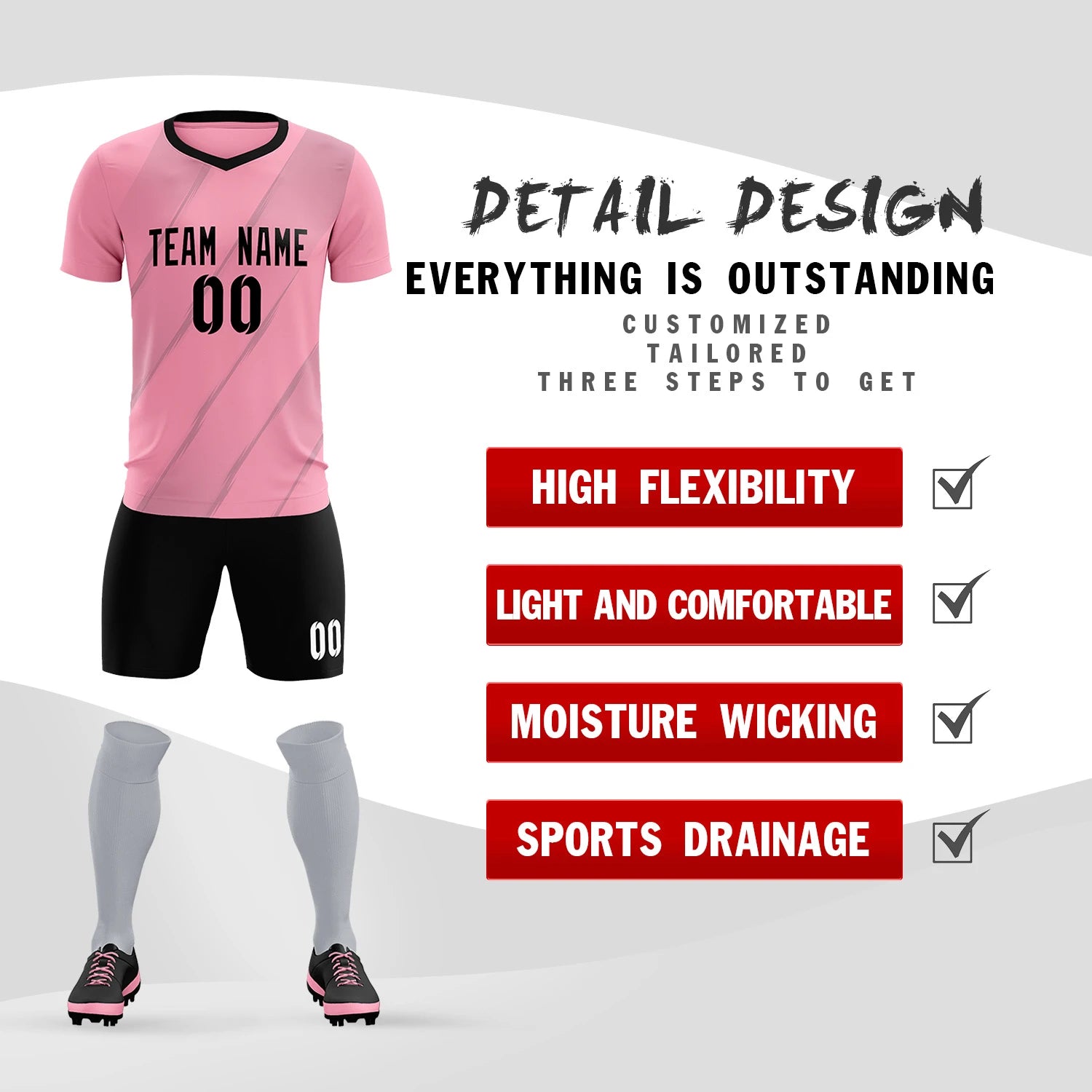 Custom Pink Gray Printing Sportswear Soccer Sets Jersey