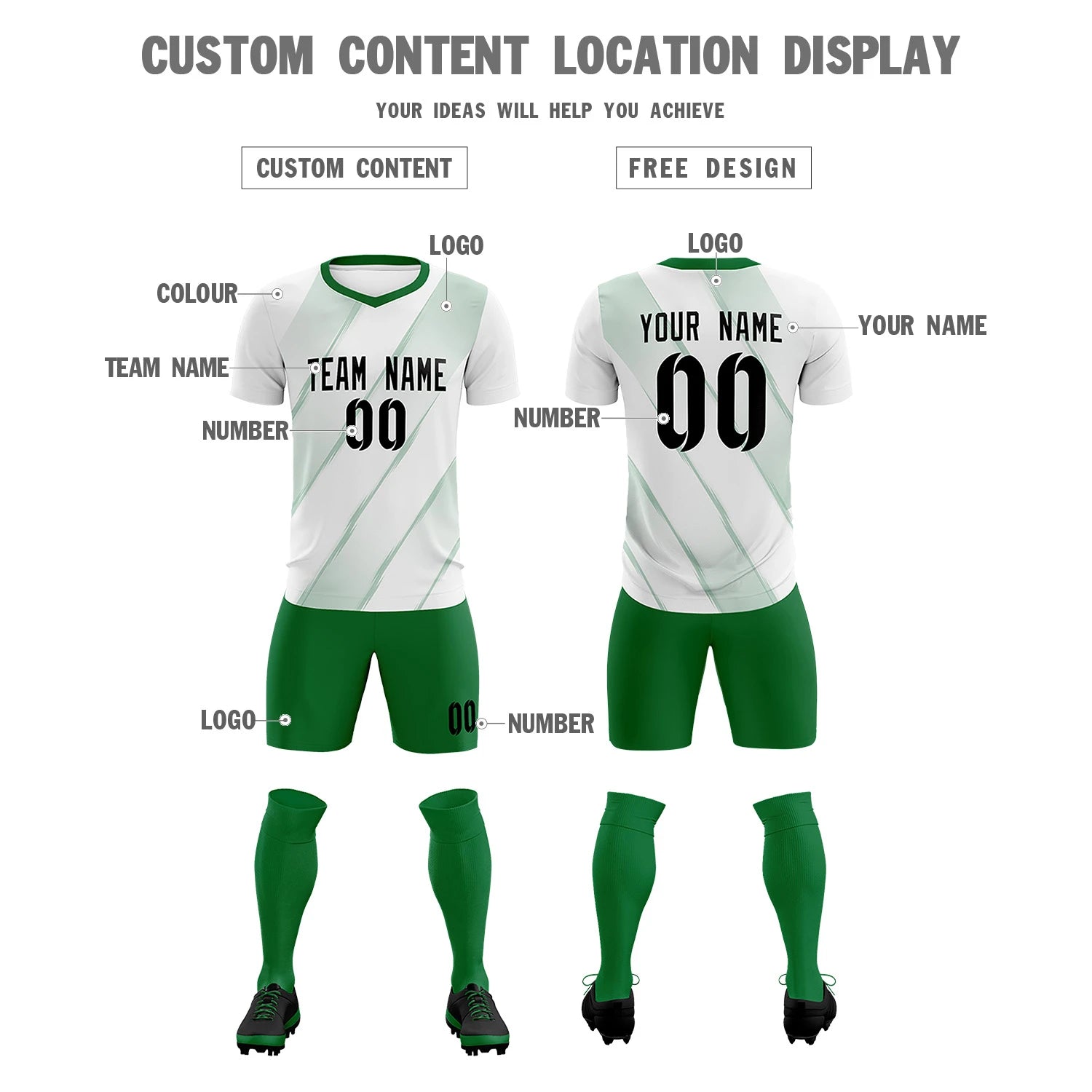 Custom White Kelly Green Printing Sportswear Soccer Sets Jersey