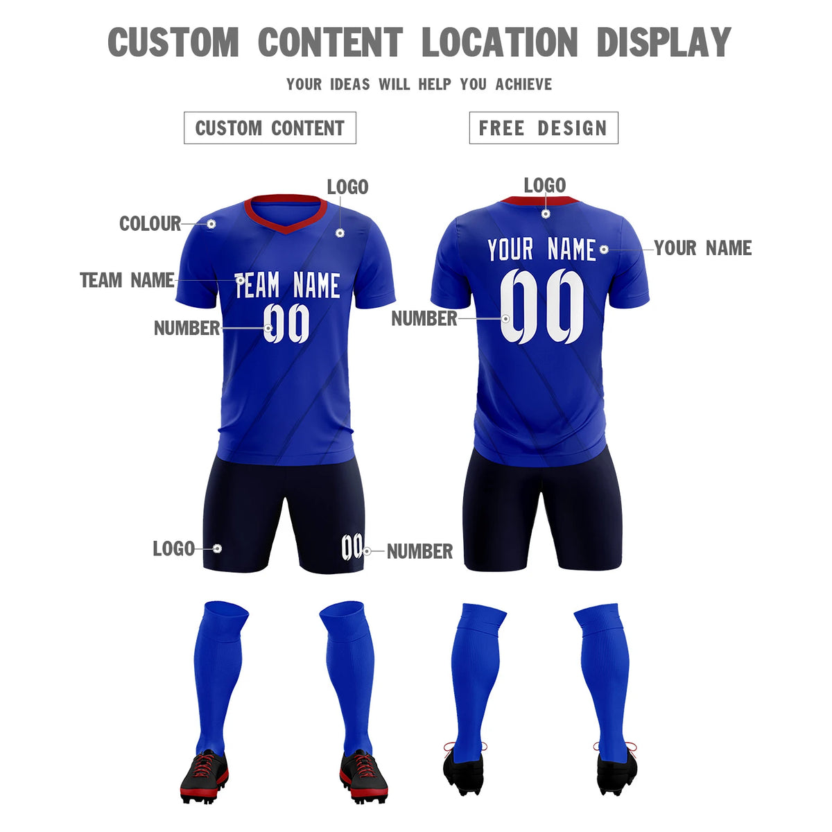 Custom Royal Blue Navy Printing Sportswear Soccer Sets Jersey
