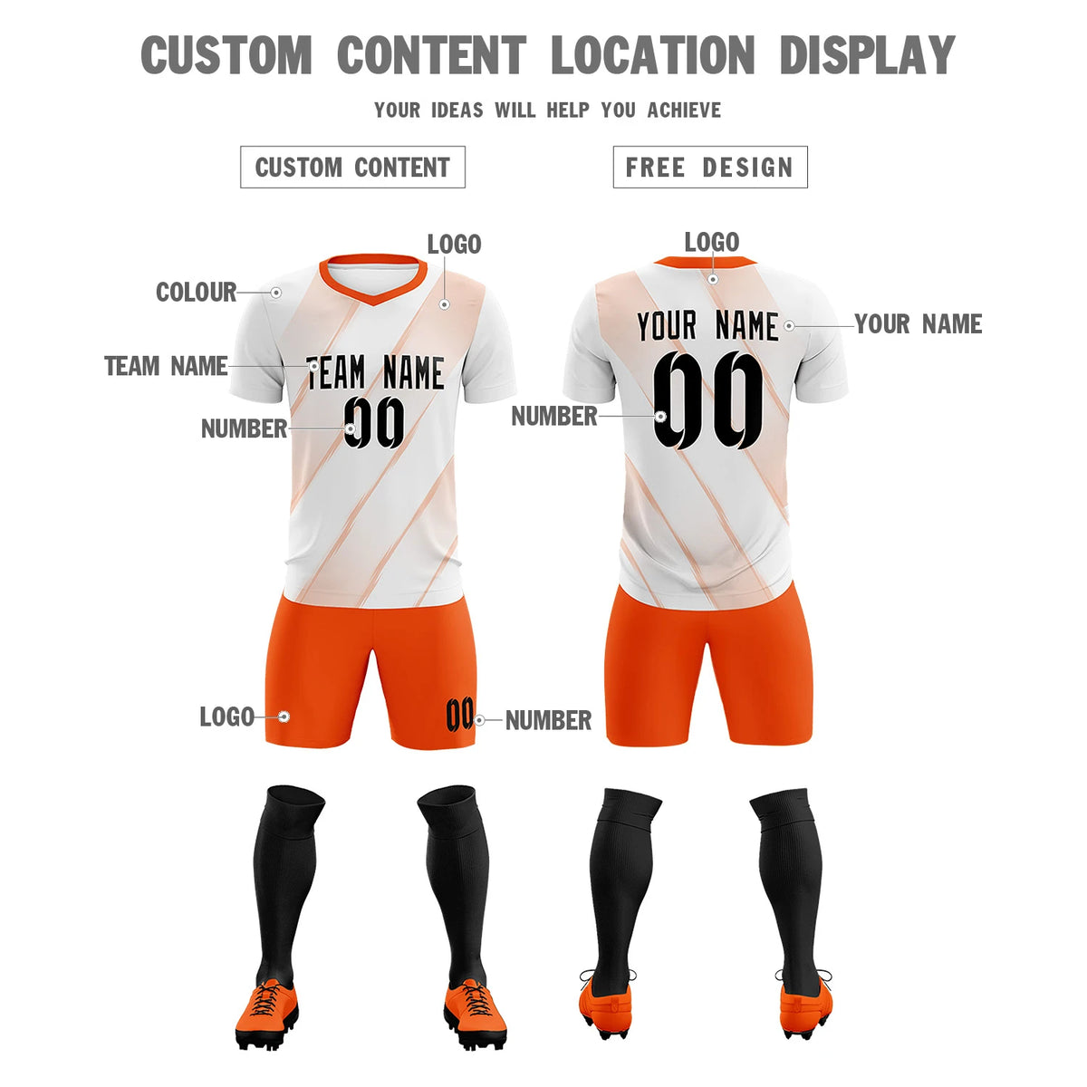 Custom White Orange Printing Sportswear Soccer Sets Jersey