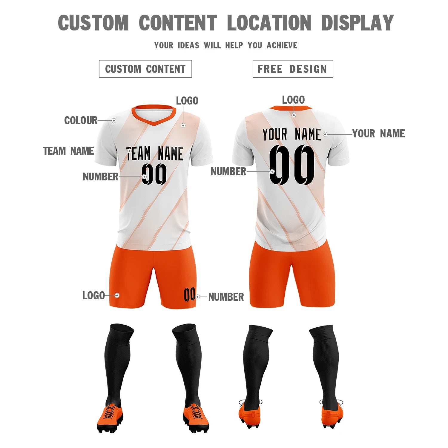 Custom White Orange Printing Sportswear Soccer Sets Jersey