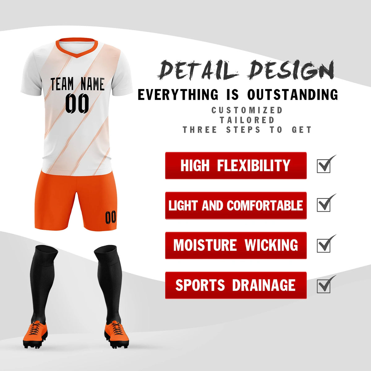 Custom White Orange Printing Sportswear Soccer Sets Jersey