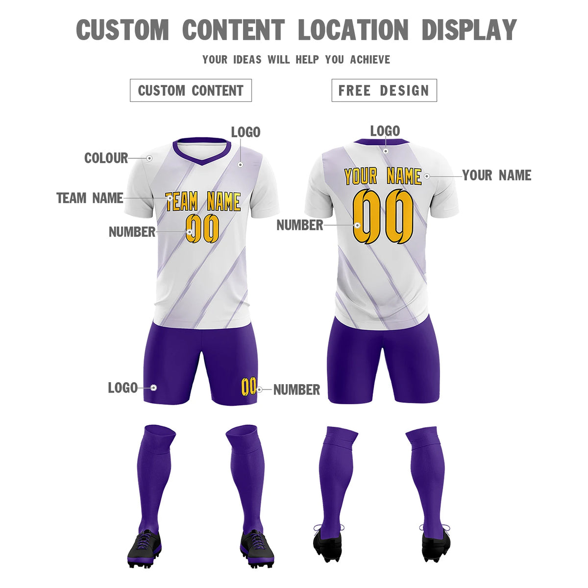 Custom White Purple Printing Sportswear Soccer Sets Jersey