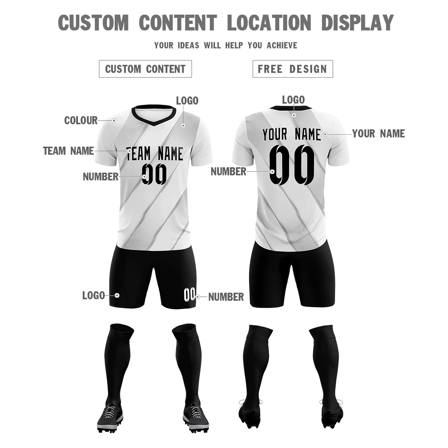 Custom White Black Printing Sportswear Soccer Sets Jersey