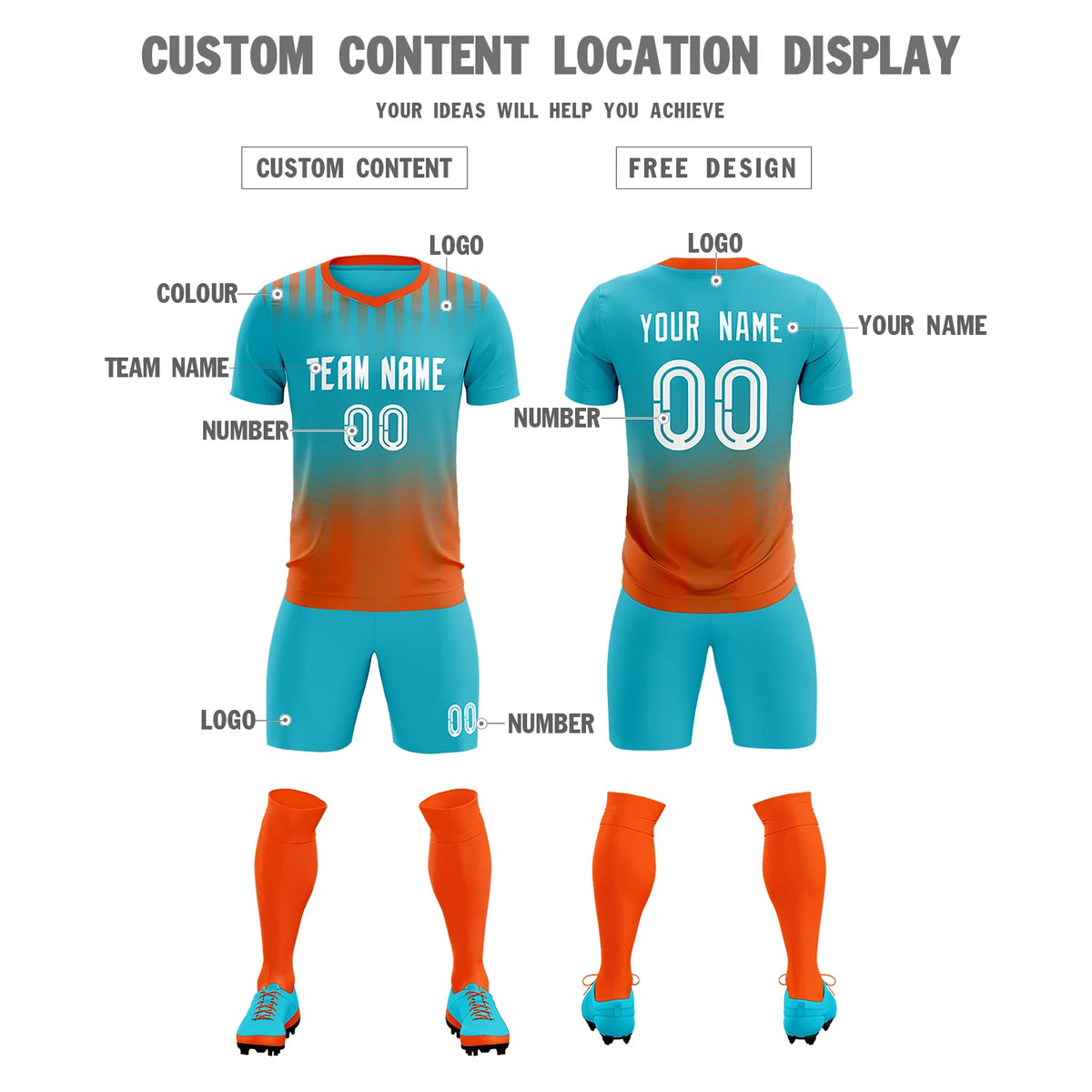Custom Sky Blue Orange Soft Training Uniform Soccer Sets Jersey