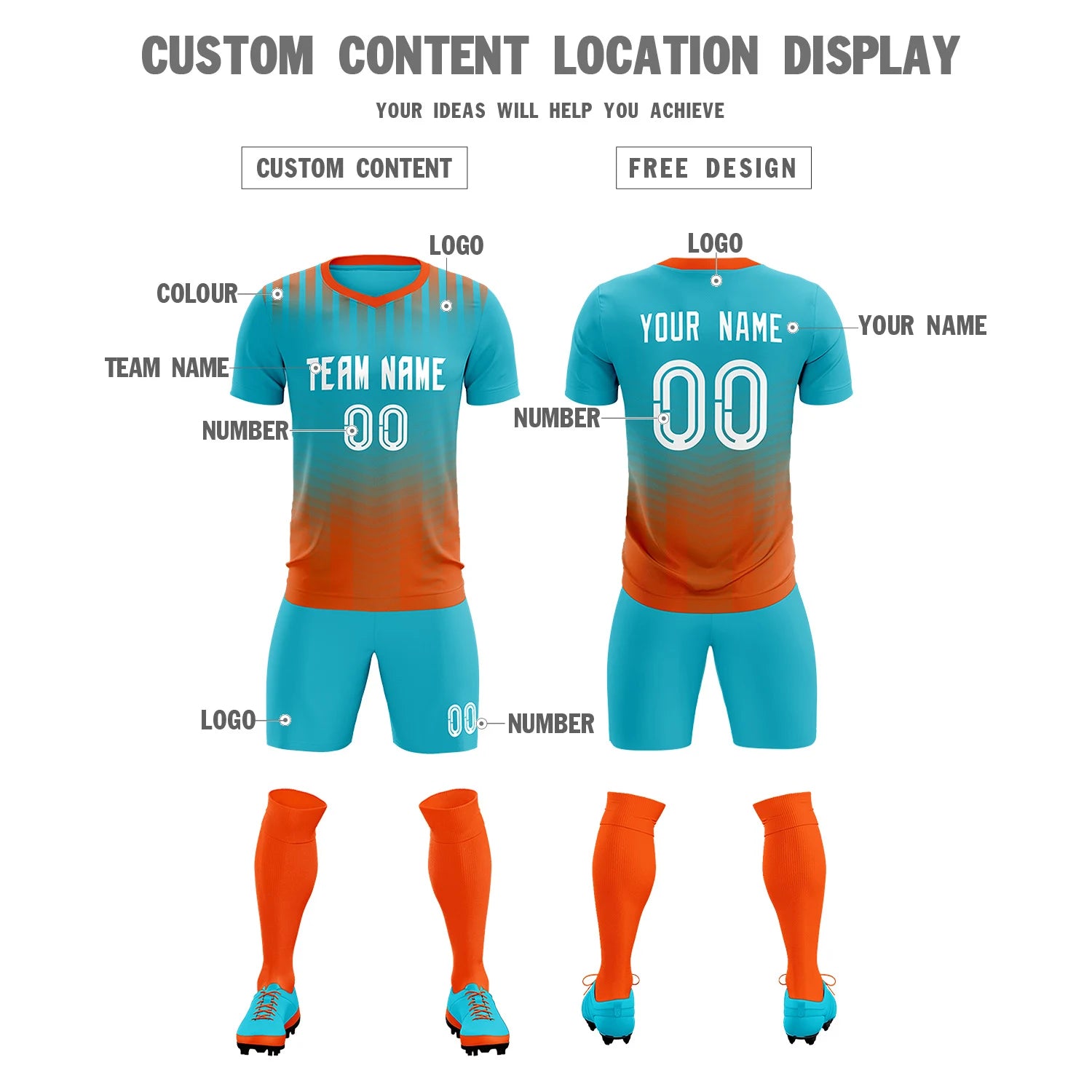 Custom Sky Blue Orange Soft Training Uniform Soccer Sets Jersey
