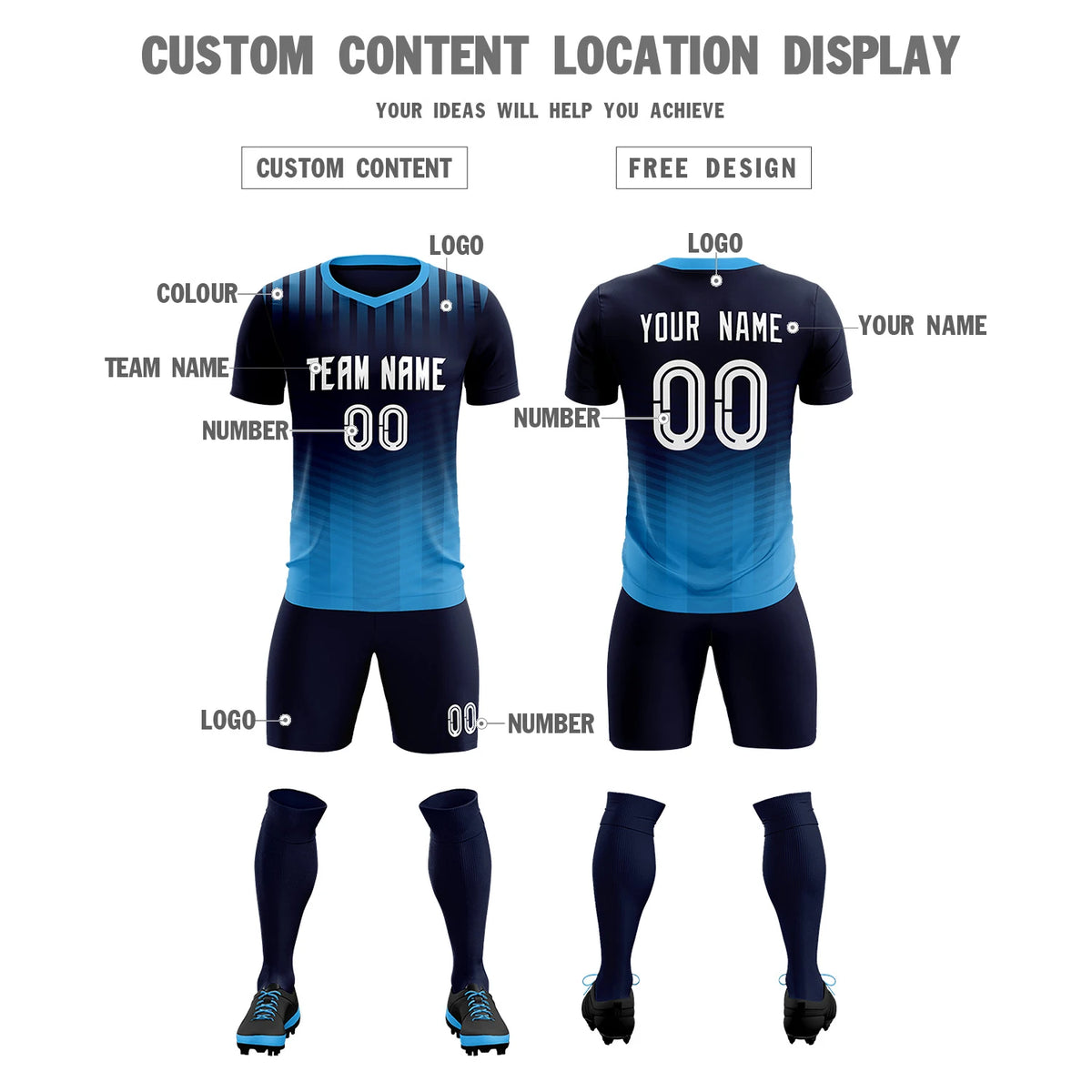 Custom Navy Powder Blue Soft Training Uniform Soccer Sets Jersey