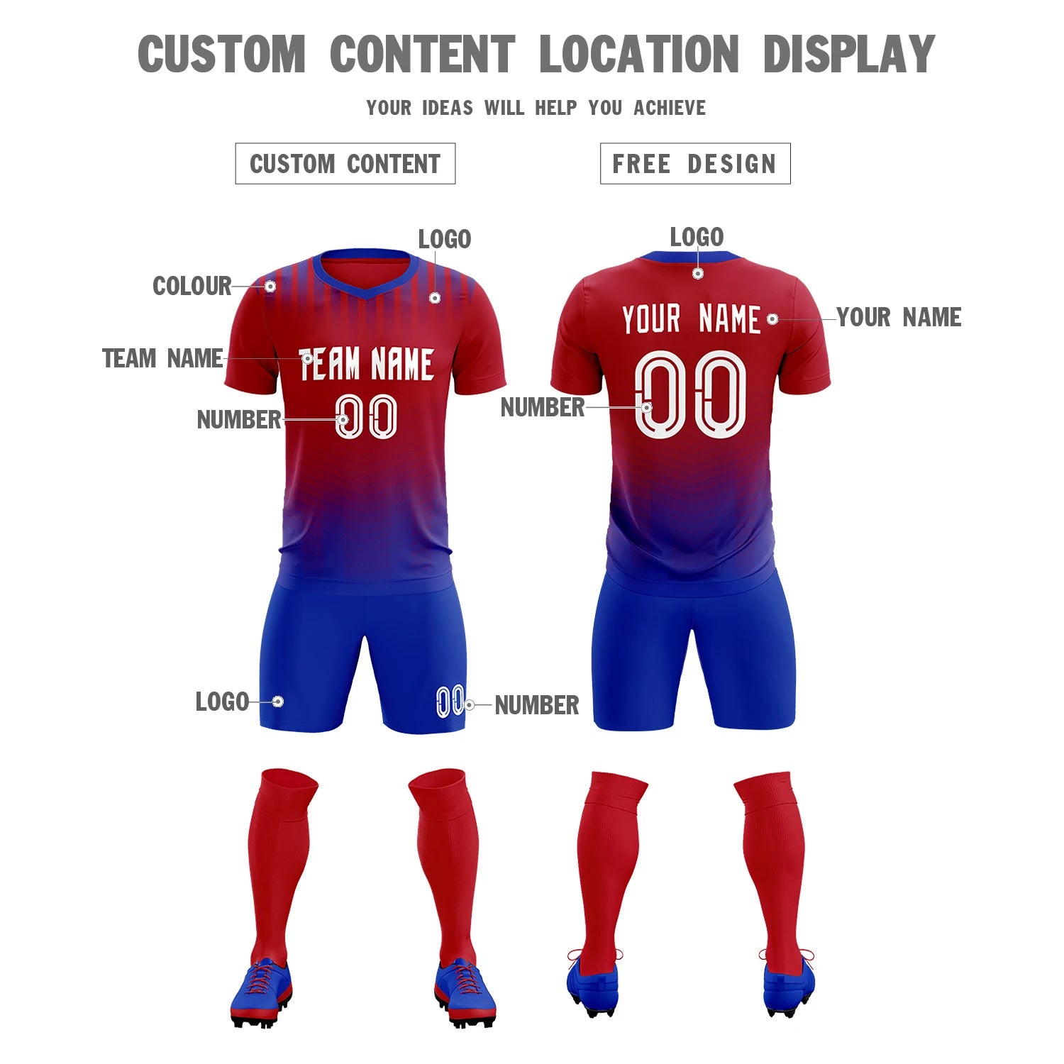 Custom Red Royal Blue Soft Training Uniform Soccer Sets Jersey