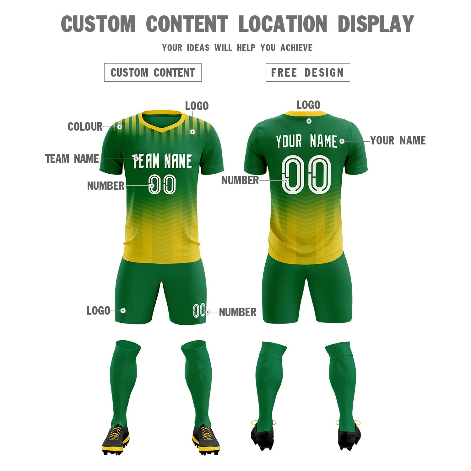 Custom Kelly Green Gold01 Soft Training Uniform Soccer Sets Jersey