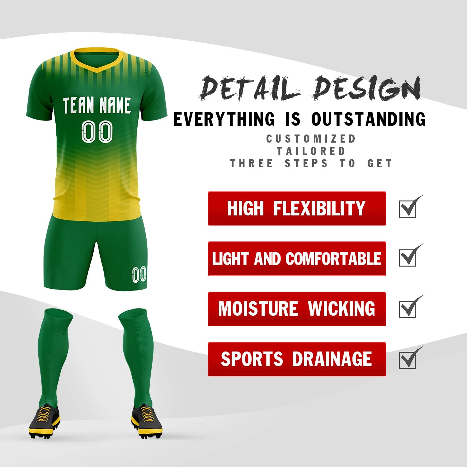 Custom Kelly Green Gold01 Soft Training Uniform Soccer Sets Jersey