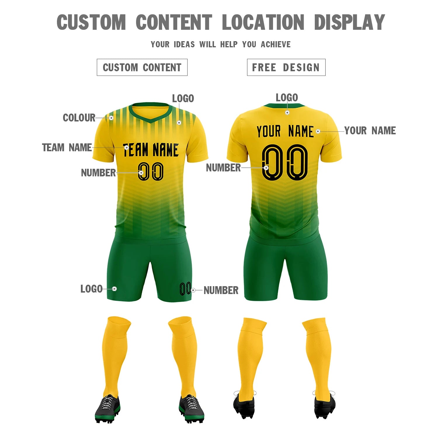 Custom Gold01 Kelly Green Soft Training Uniform Soccer Sets Jersey