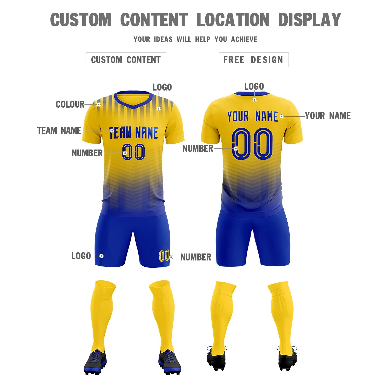 Custom Gold01 Royal Blue Soft Training Uniform Soccer Sets Jersey