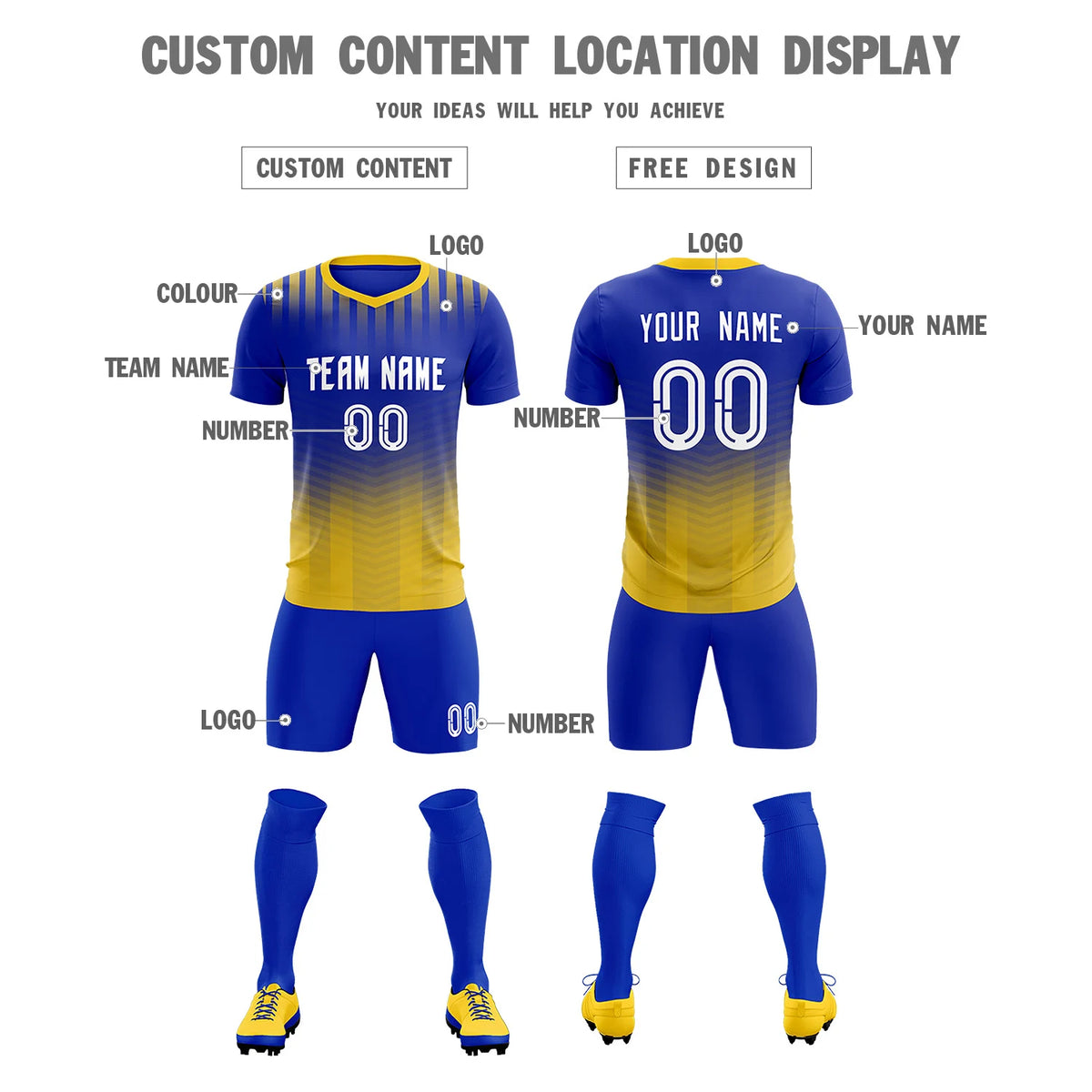 Custom Royal Blue Gold01 Soft Training Uniform Soccer Sets Jersey