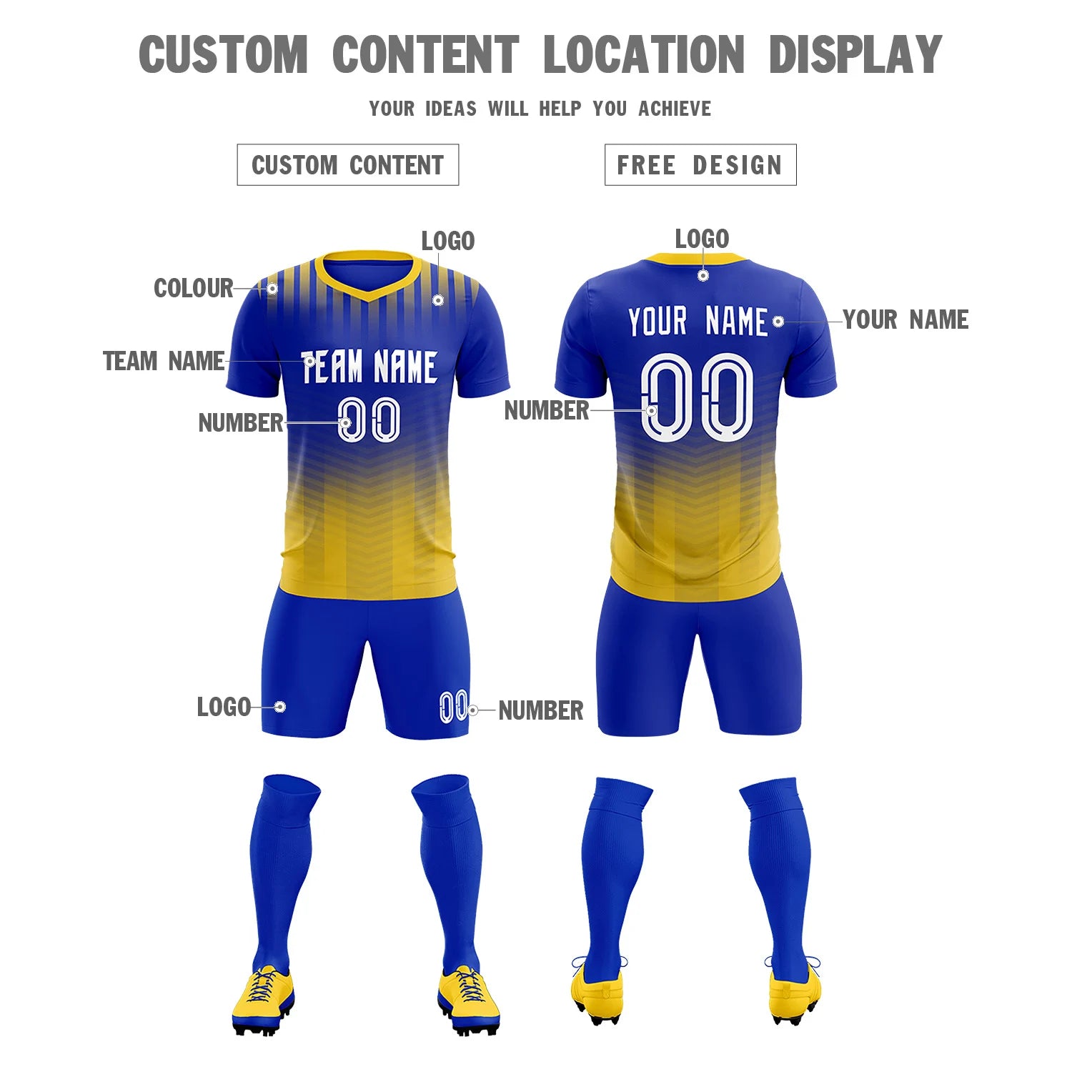 Custom Royal Blue Gold01 Soft Training Uniform Soccer Sets Jersey