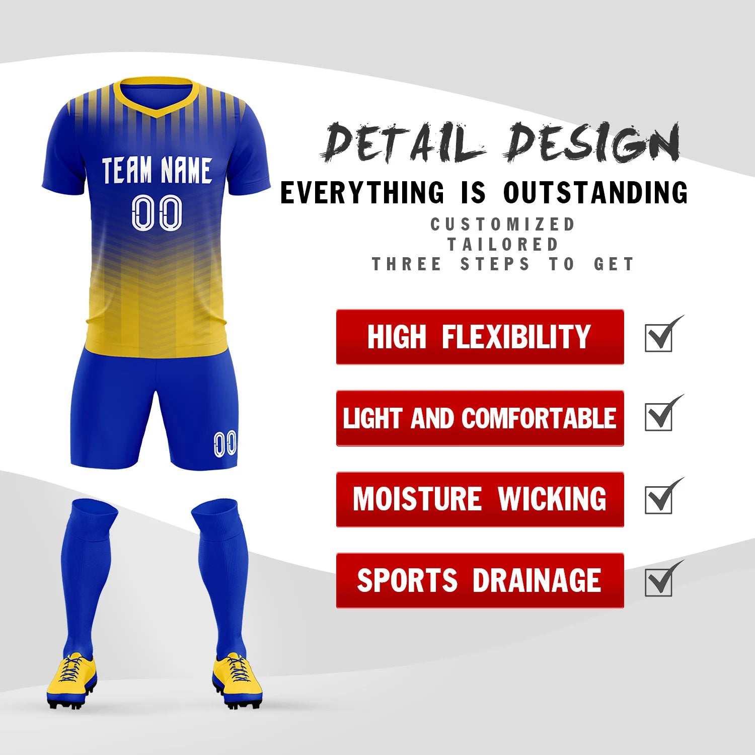 Custom Royal Blue Gold01 Soft Training Uniform Soccer Sets Jersey