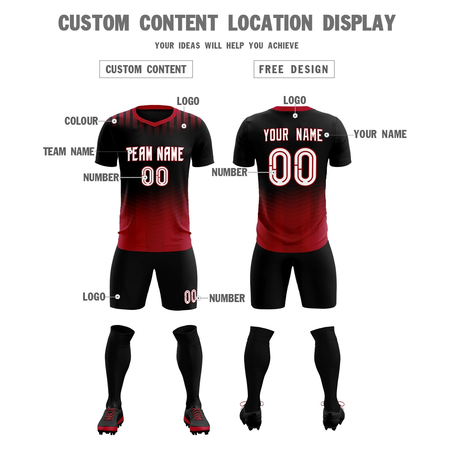 Custom Black Red Soft Training Uniform Soccer Sets Jersey