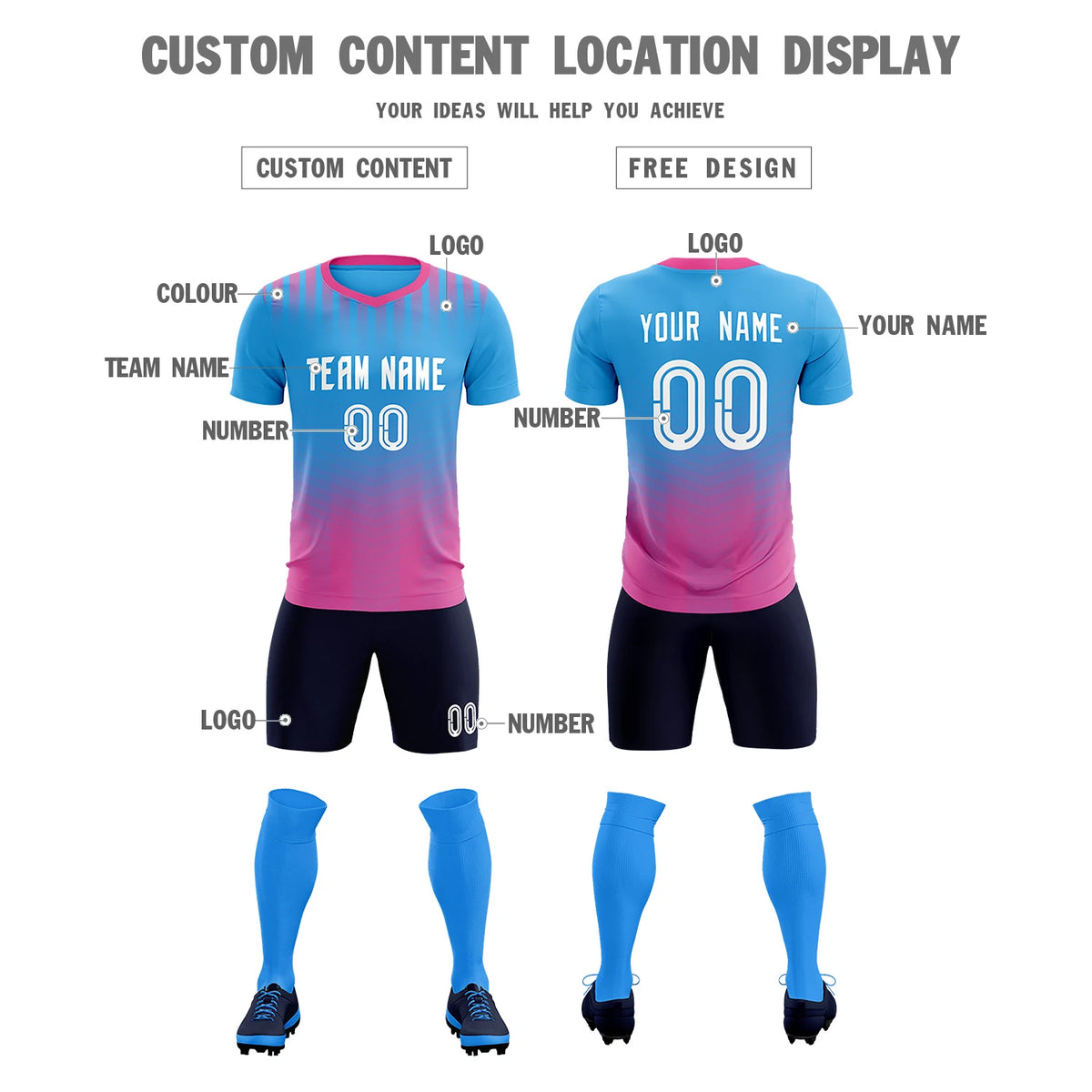 Custom Powder Blue Pink Soft Training Uniform Soccer Sets Jersey