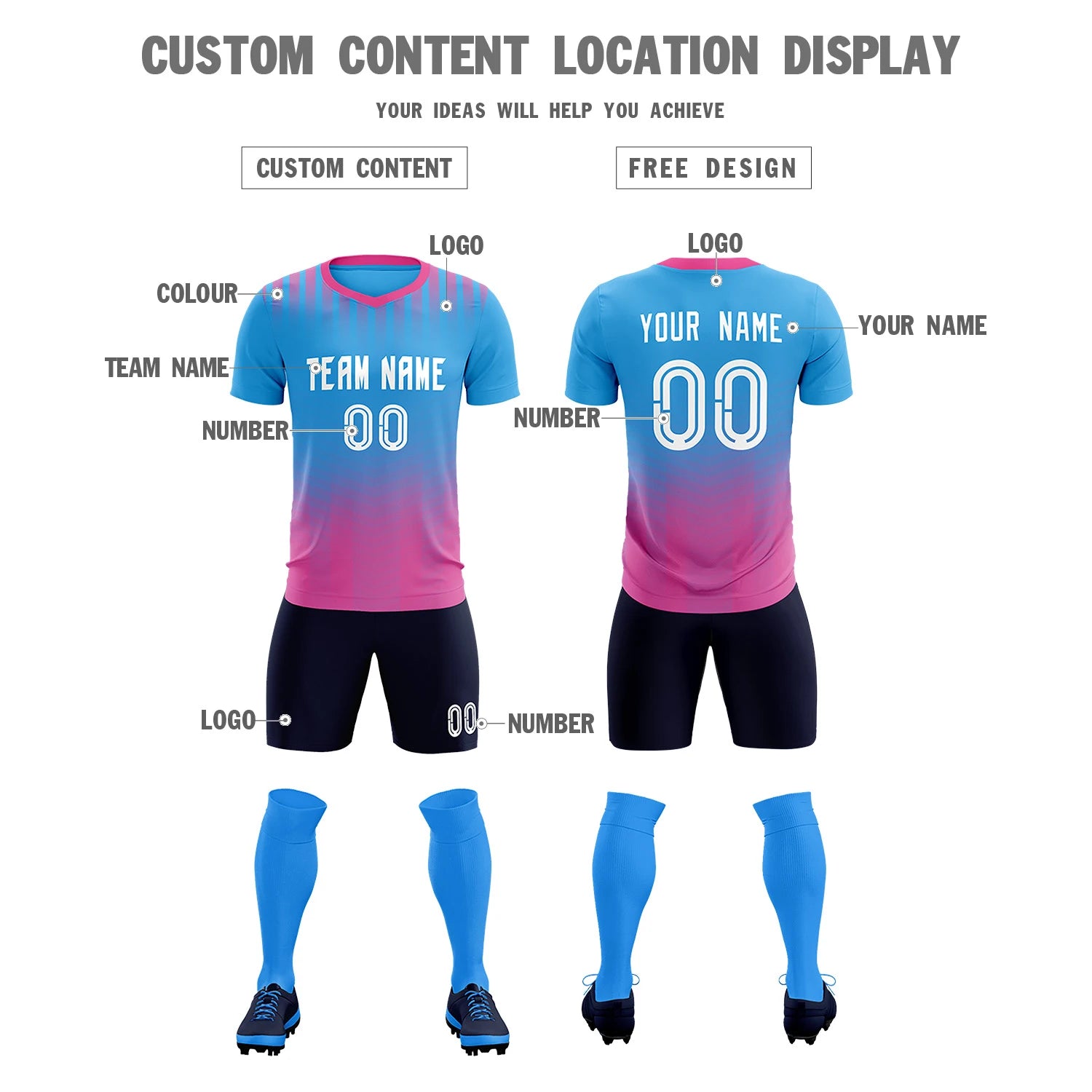 Custom Powder Blue Pink Soft Training Uniform Soccer Sets Jersey