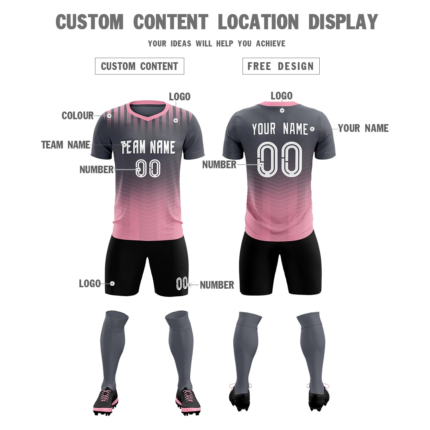 Custom Gray Light Pink Soft Training Uniform Soccer Sets Jersey