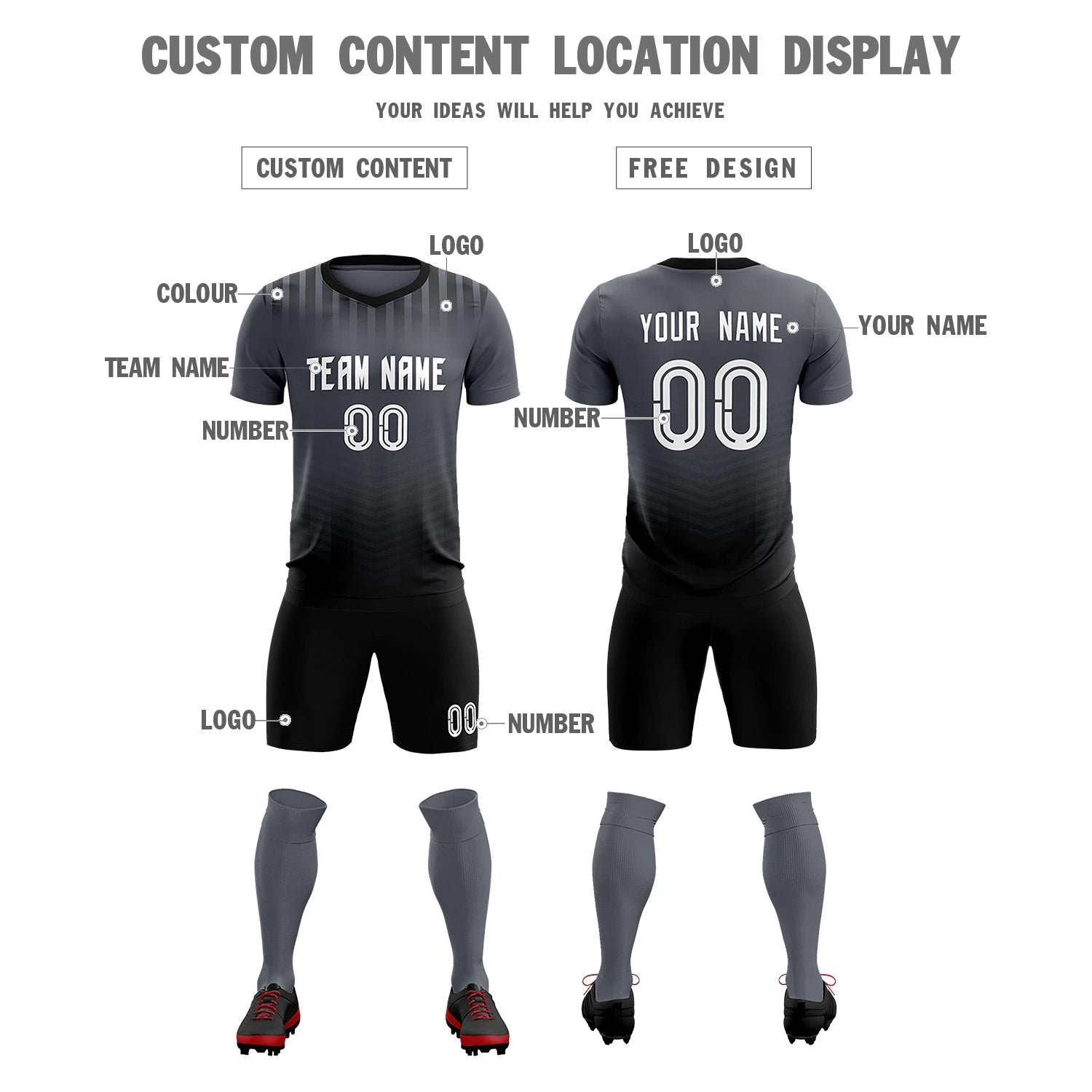 Custom Dark Gray Black Soft Training Uniform Soccer Sets Jersey