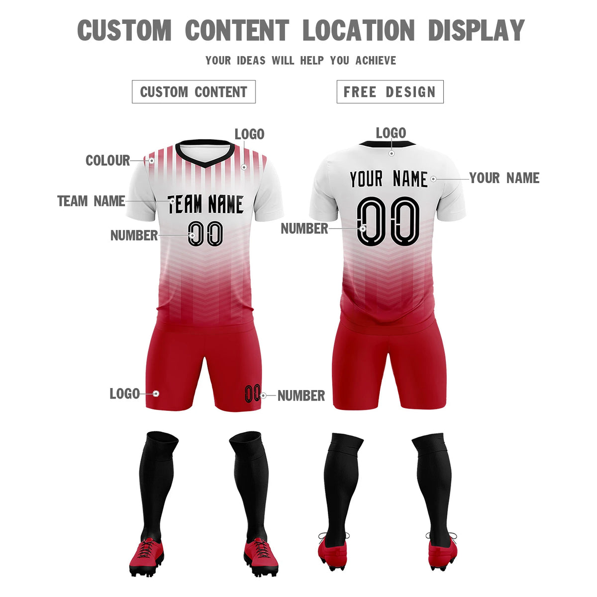 Custom White Red Soft Training Uniform Soccer Sets Jersey