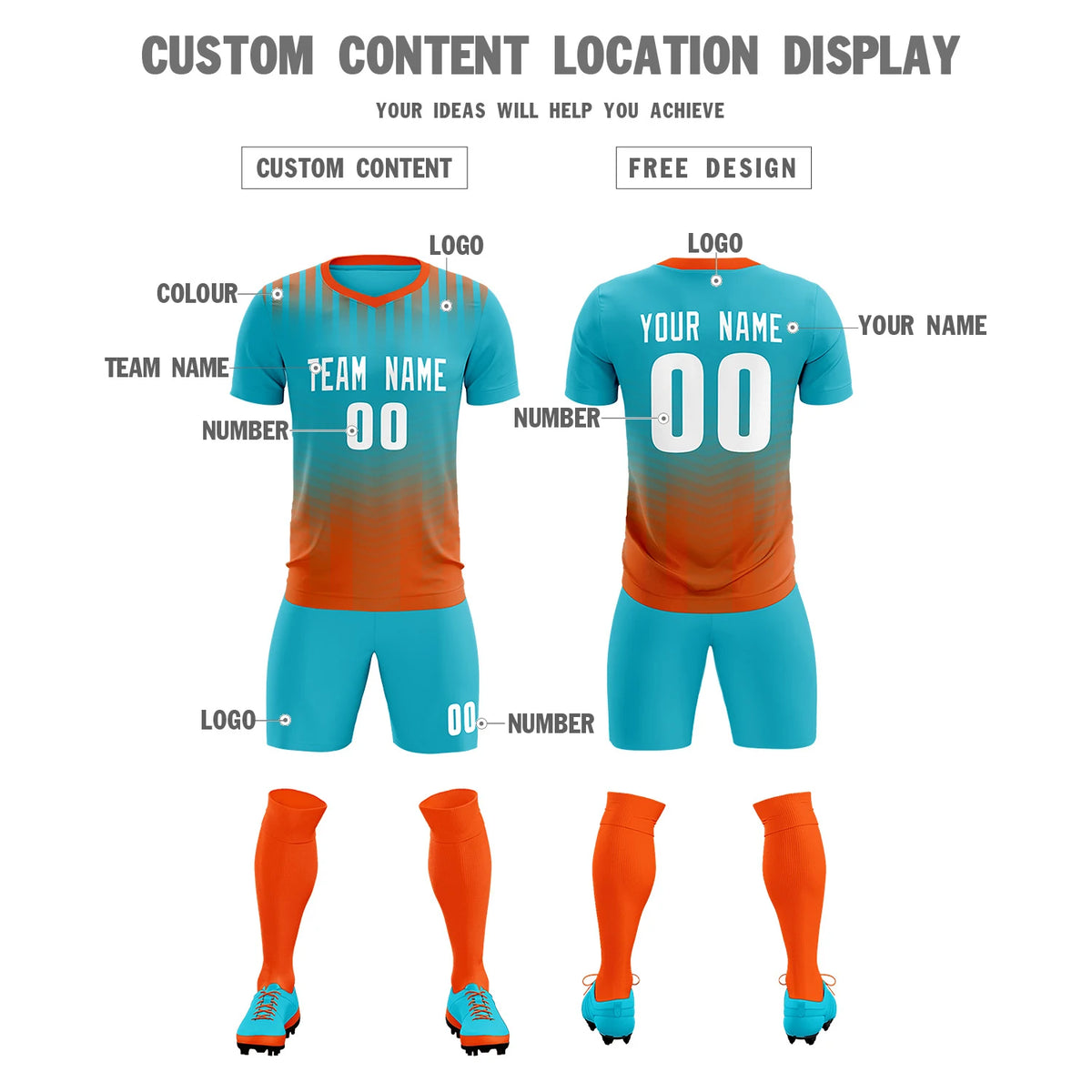 Custom Sky Blue Orange Soft Training Uniform Soccer Sets Jersey
