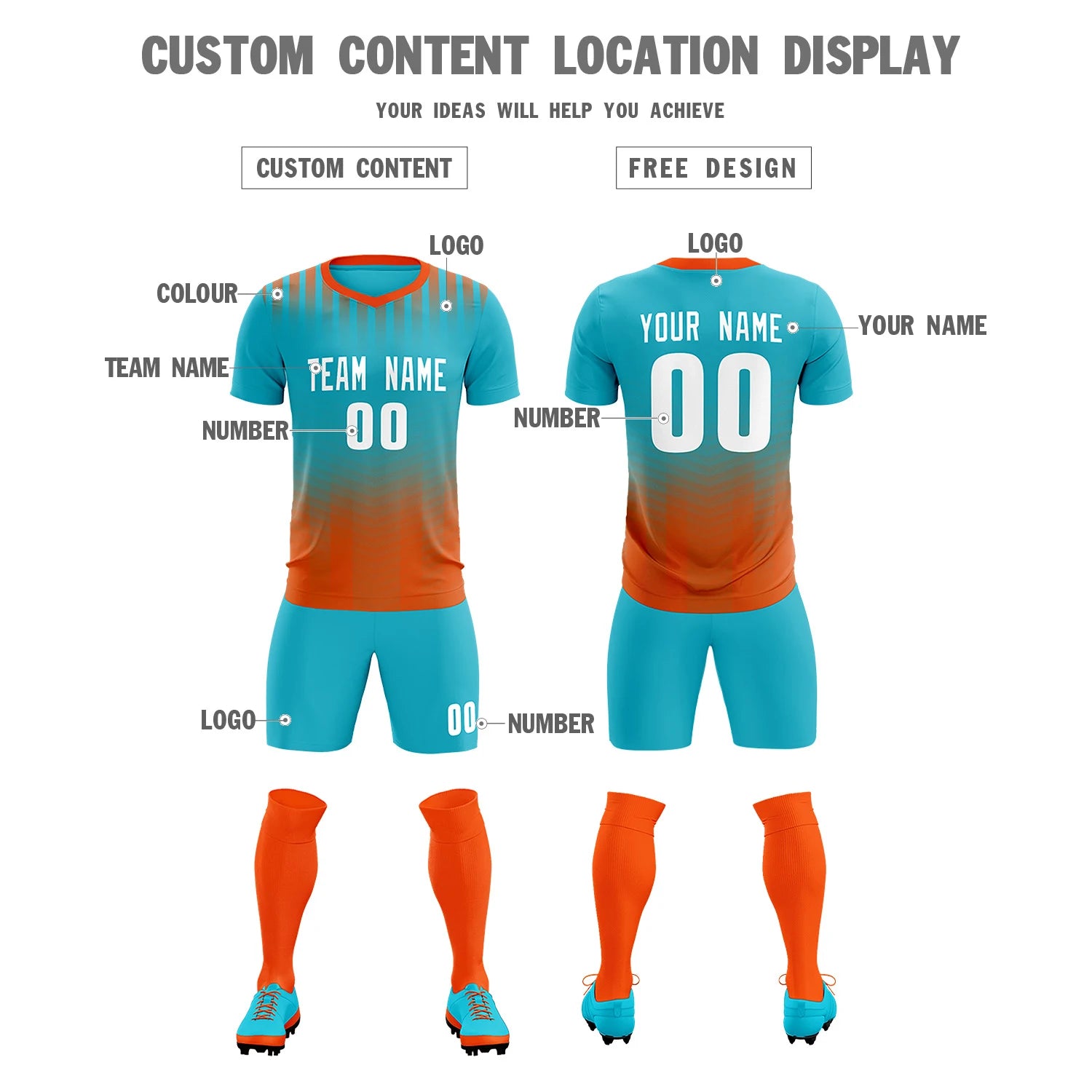 Custom Sky Blue Orange Soft Training Uniform Soccer Sets Jersey