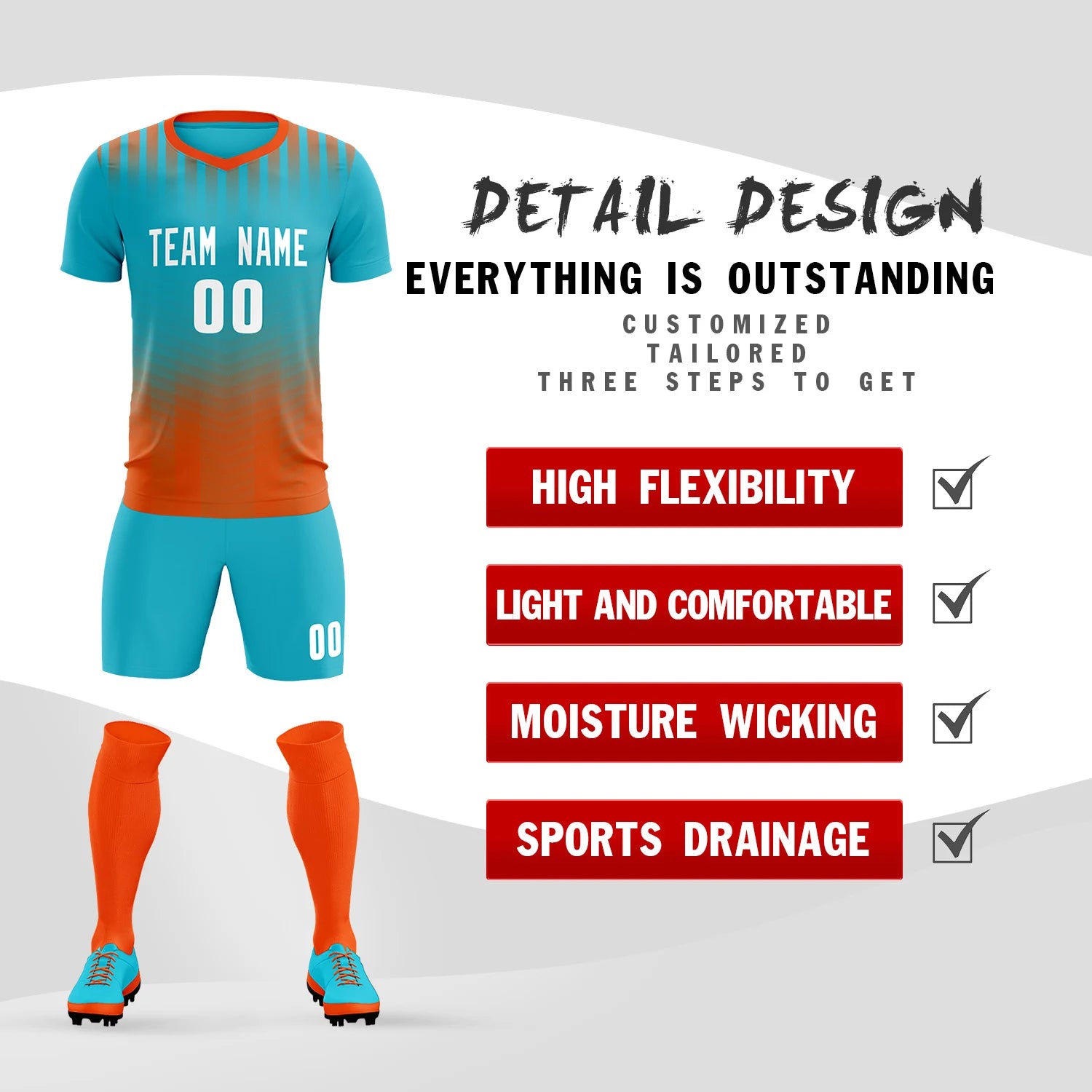 Custom Sky Blue Orange Soft Training Uniform Soccer Sets Jersey