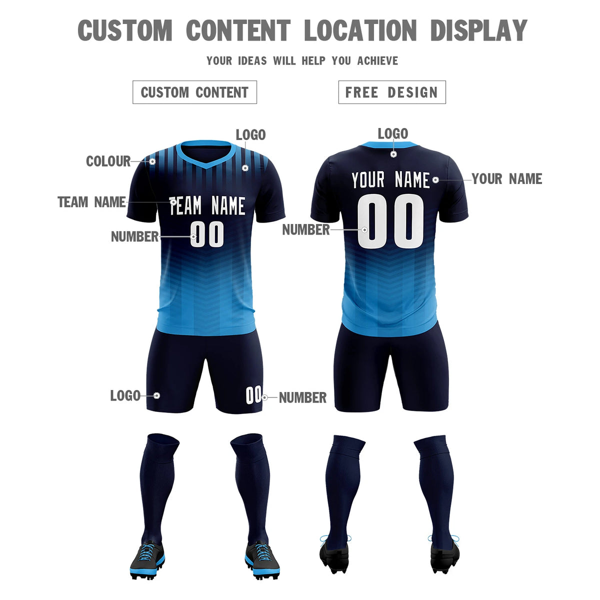 Custom Navy Powder Blue Soft Training Uniform Soccer Sets Jersey