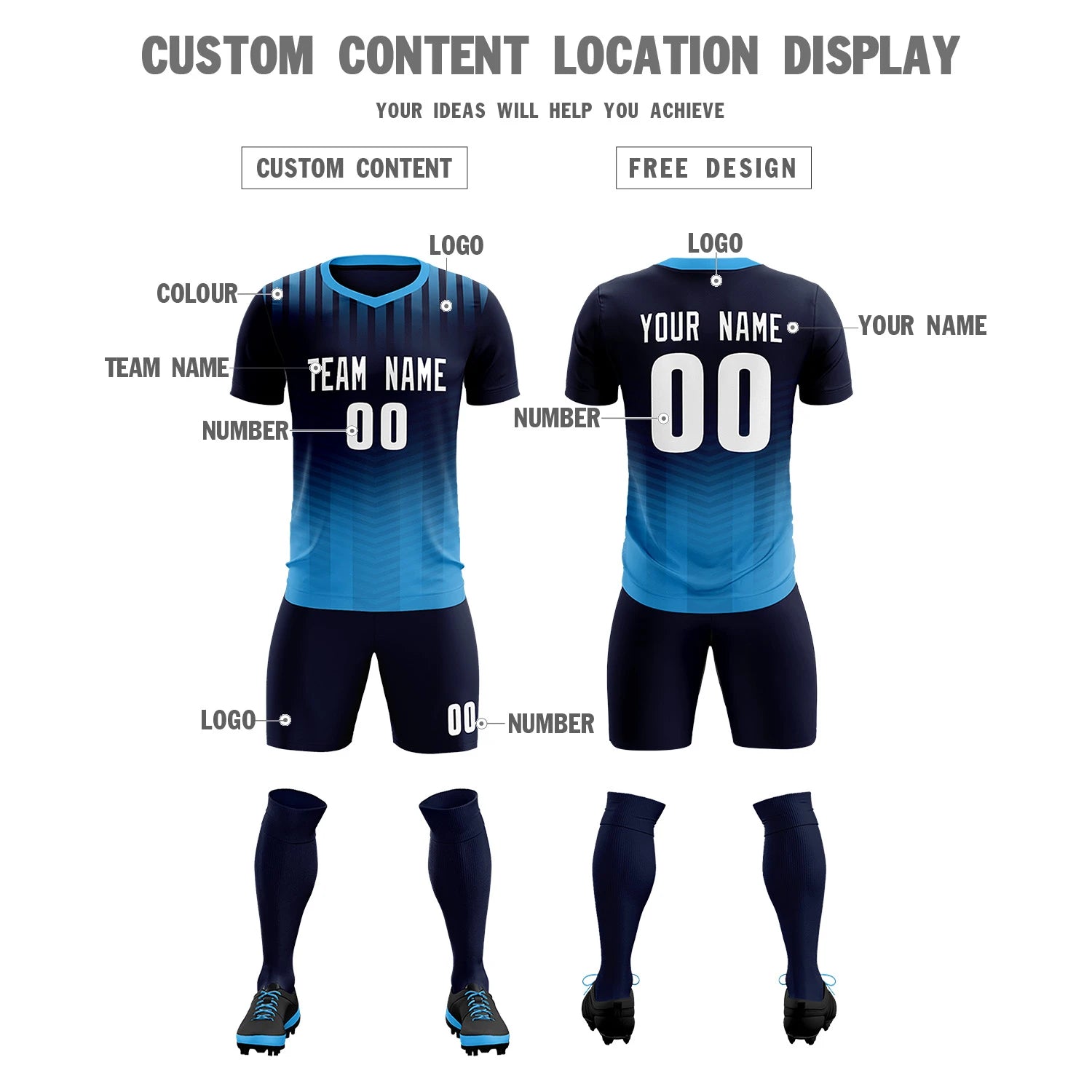 Custom Navy Powder Blue Soft Training Uniform Soccer Sets Jersey