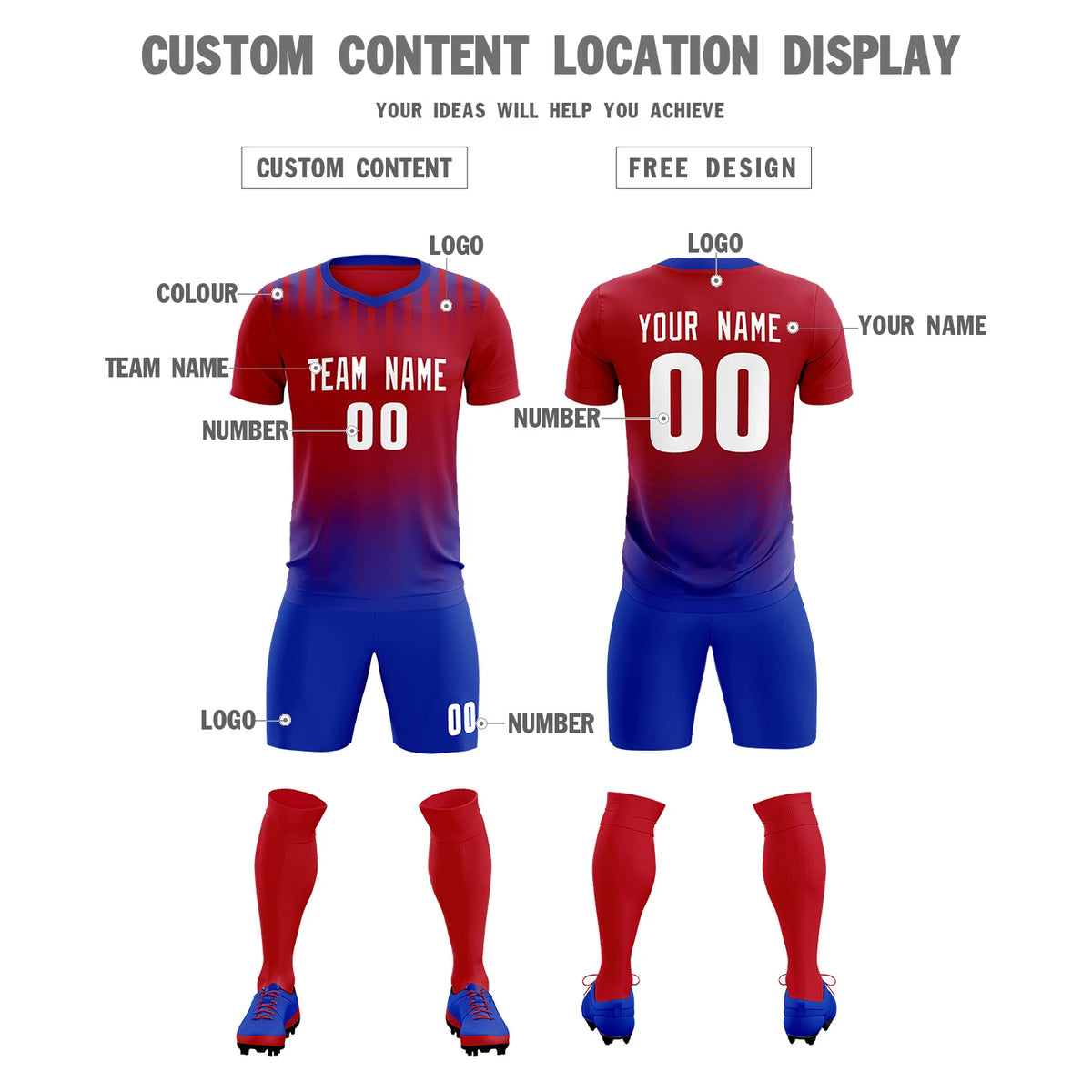 Custom Red Royal Blue Soft Training Uniform Soccer Sets Jersey