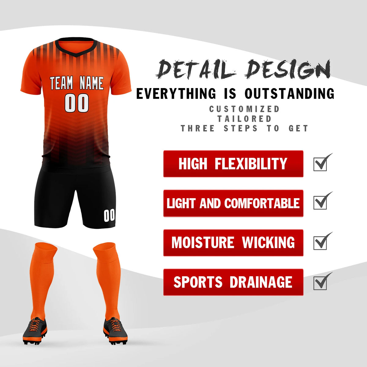 Custom Orange Black Soft Training Uniform Soccer Sets Jersey